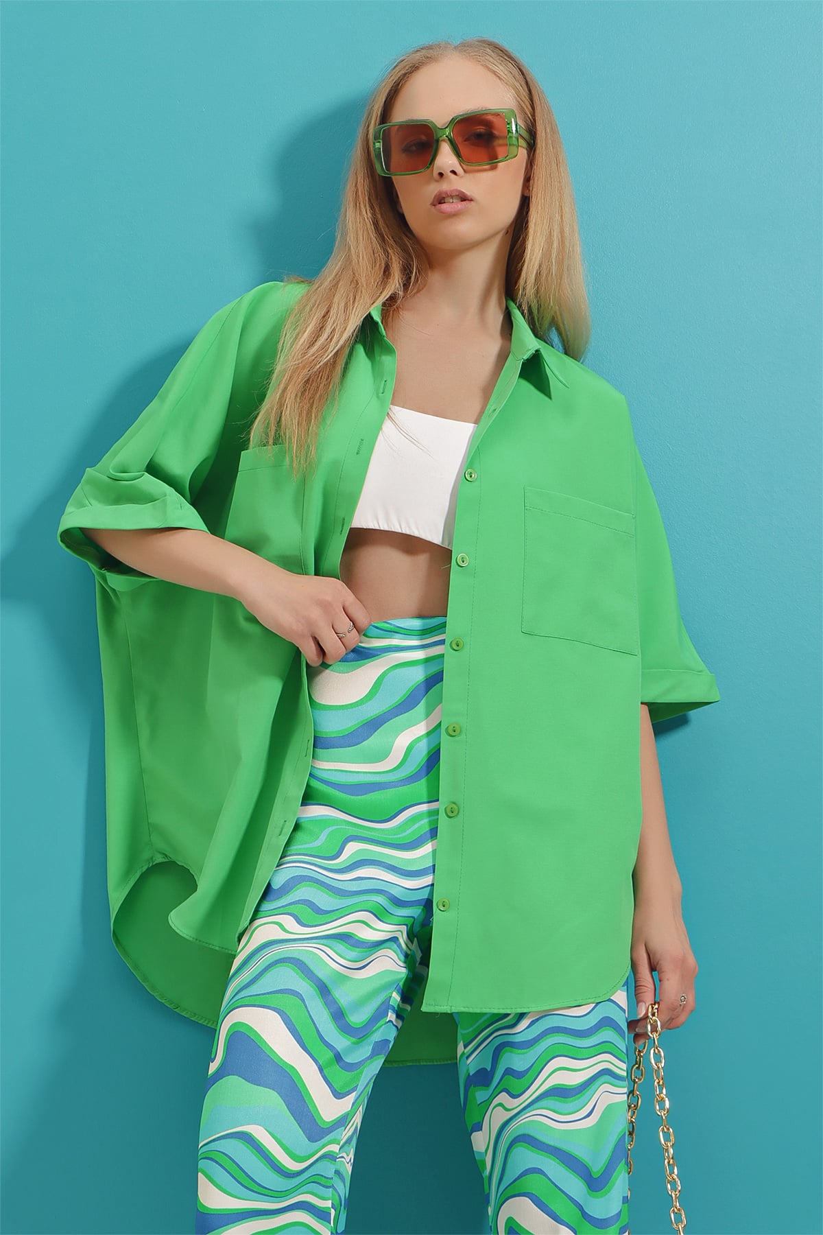 Çift Cepli Duble Kol Oversize Poplin Dokuma Gömlek - Yeşil