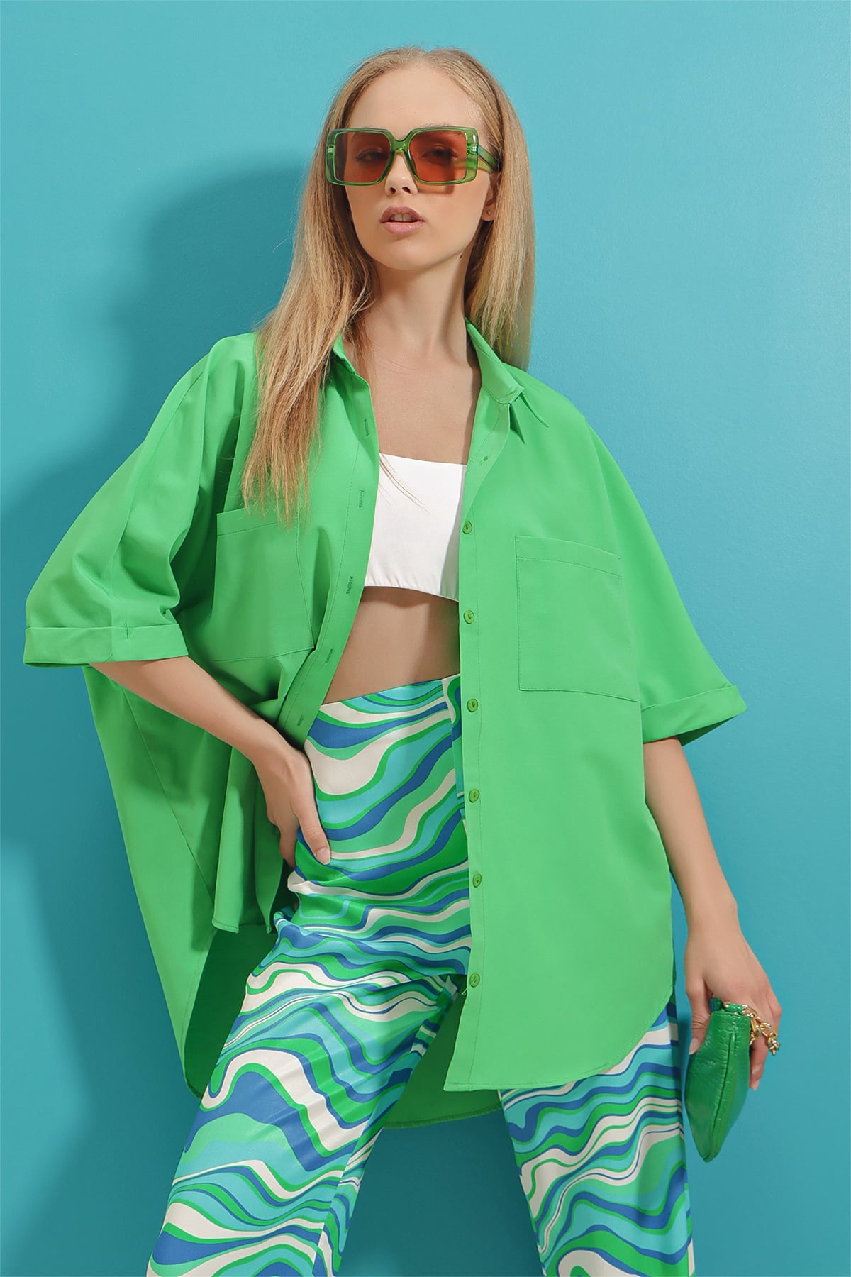 Çift Cepli Duble Kol Oversize Poplin Dokuma Gömlek - Yeşil