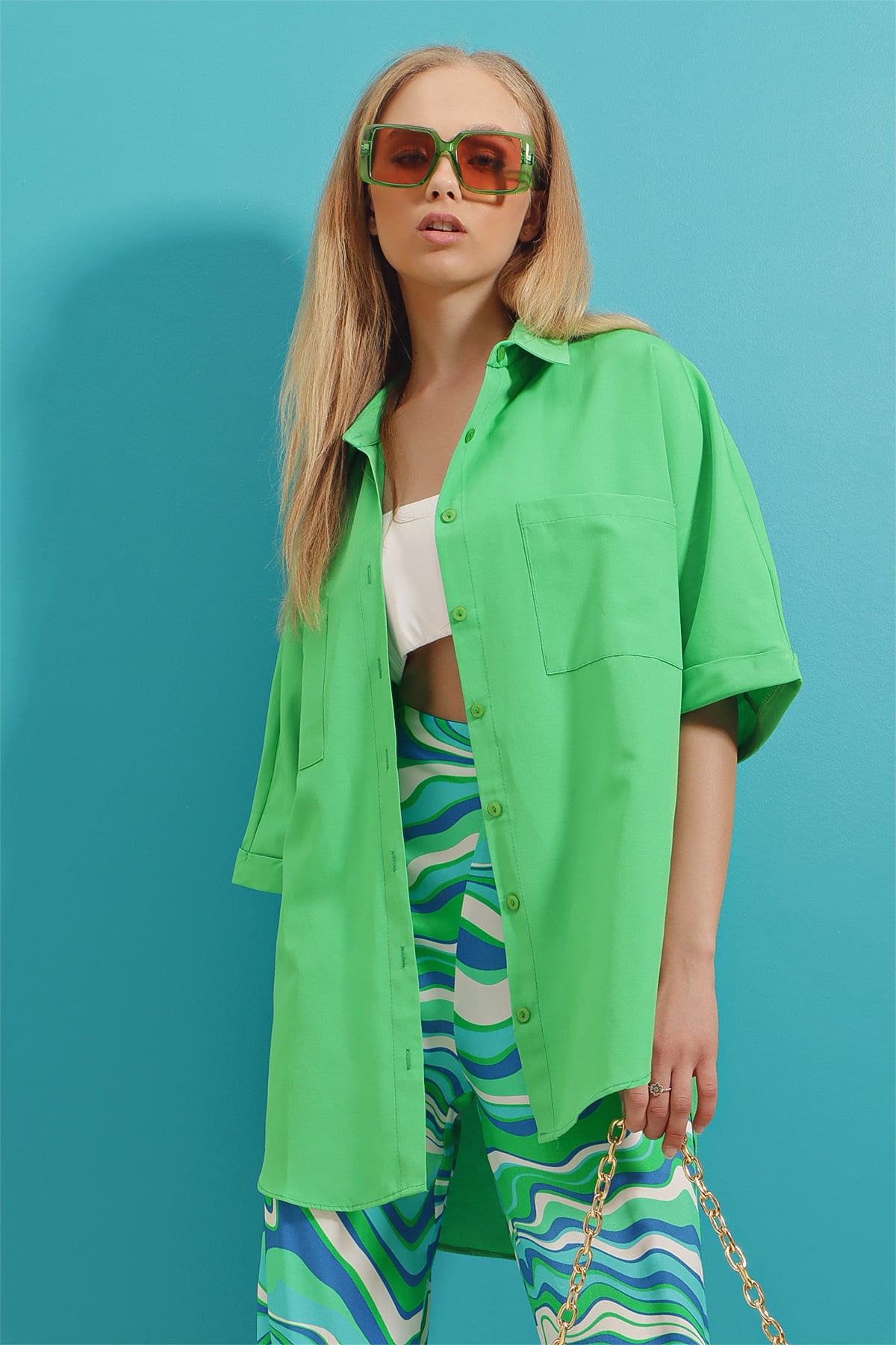 Çift Cepli Duble Kol Oversize Poplin Dokuma Gömlek - Yeşil