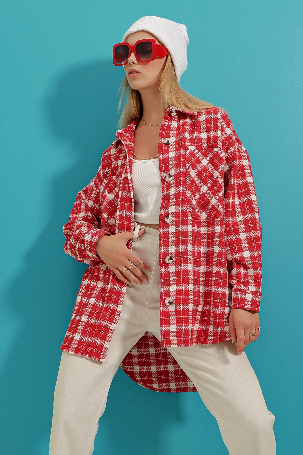 Çift Cepli Ekose Desenli Oversize Tüvit Dokuma Ceket - Kırmızı