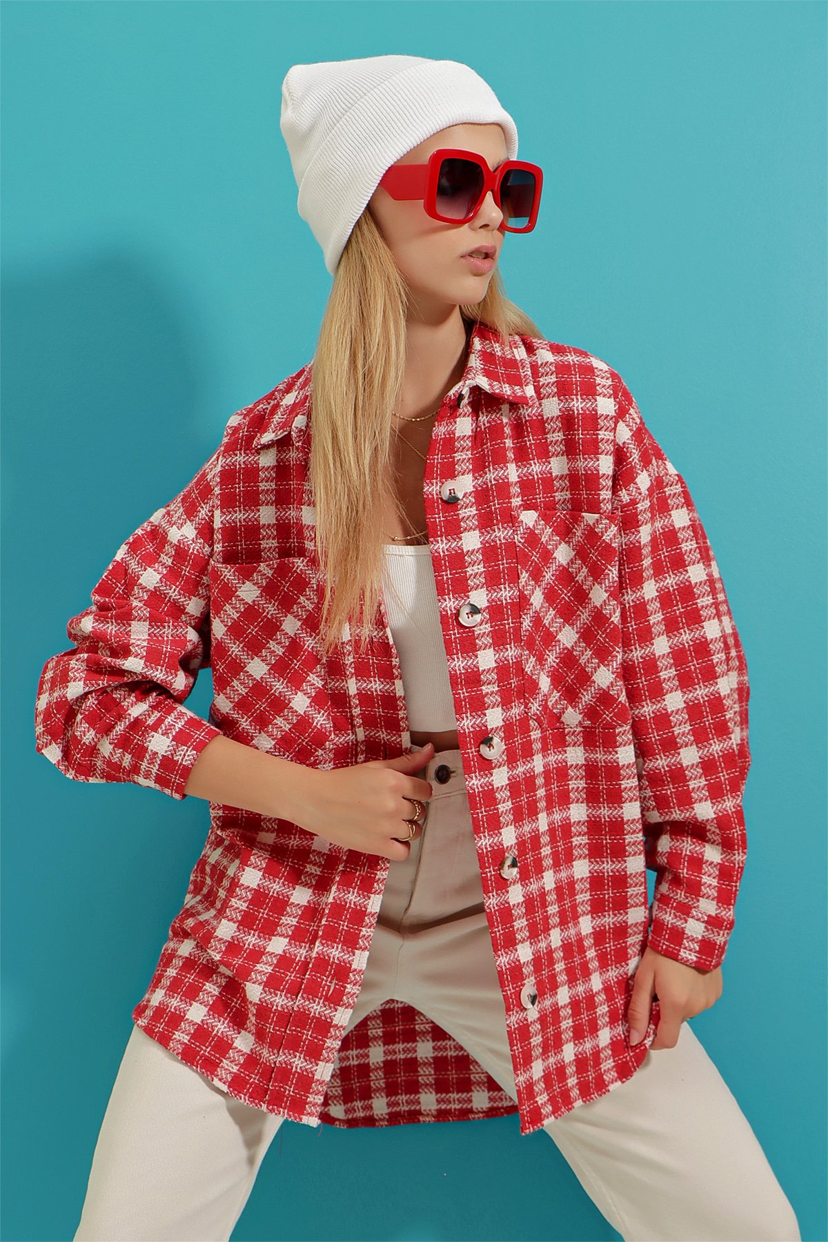 Çift Cepli Ekose Desenli Oversize Tüvit Dokuma Ceket - Kırmızı