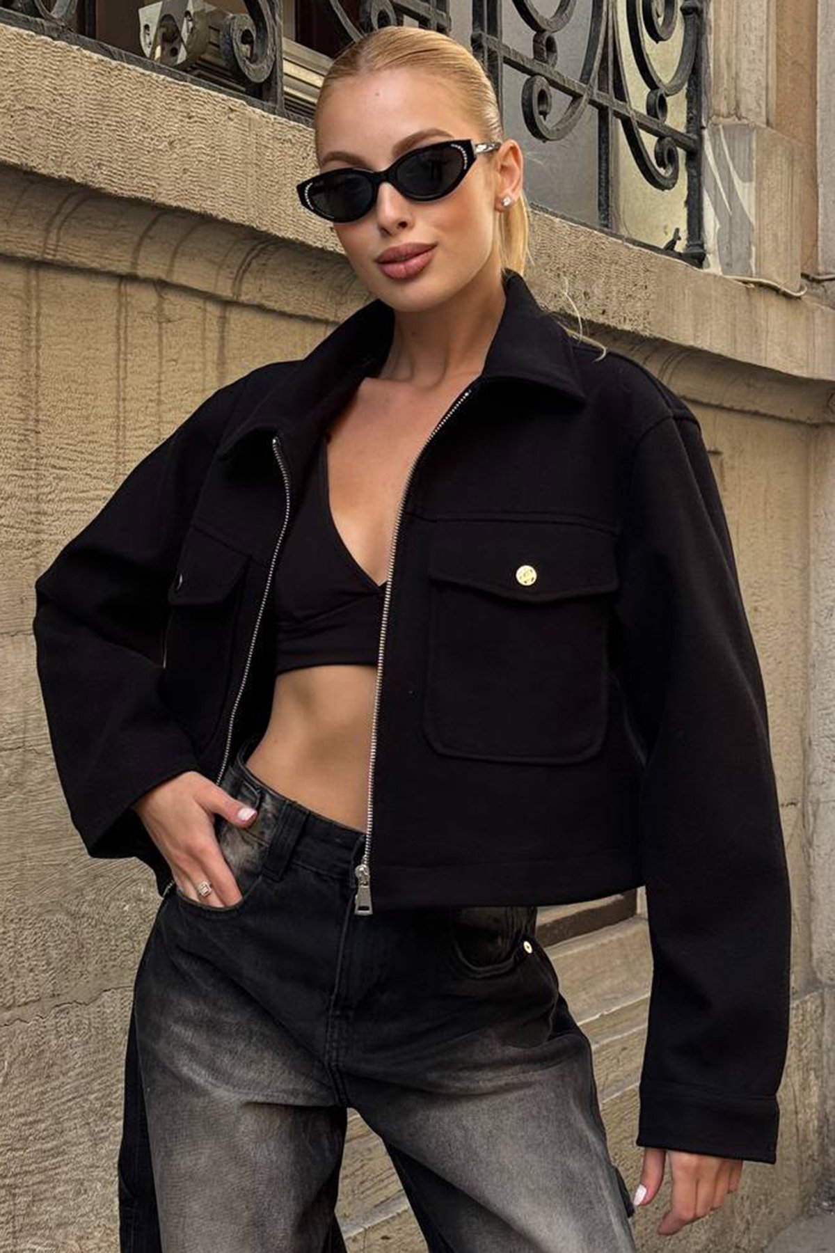 Çift Cepli Fermuar Kapamalı Kaşe Ceket - SİYAH
