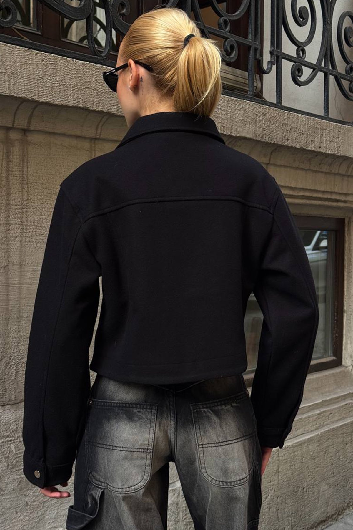Çift Cepli Fermuar Kapamalı Kaşe Ceket - SİYAH