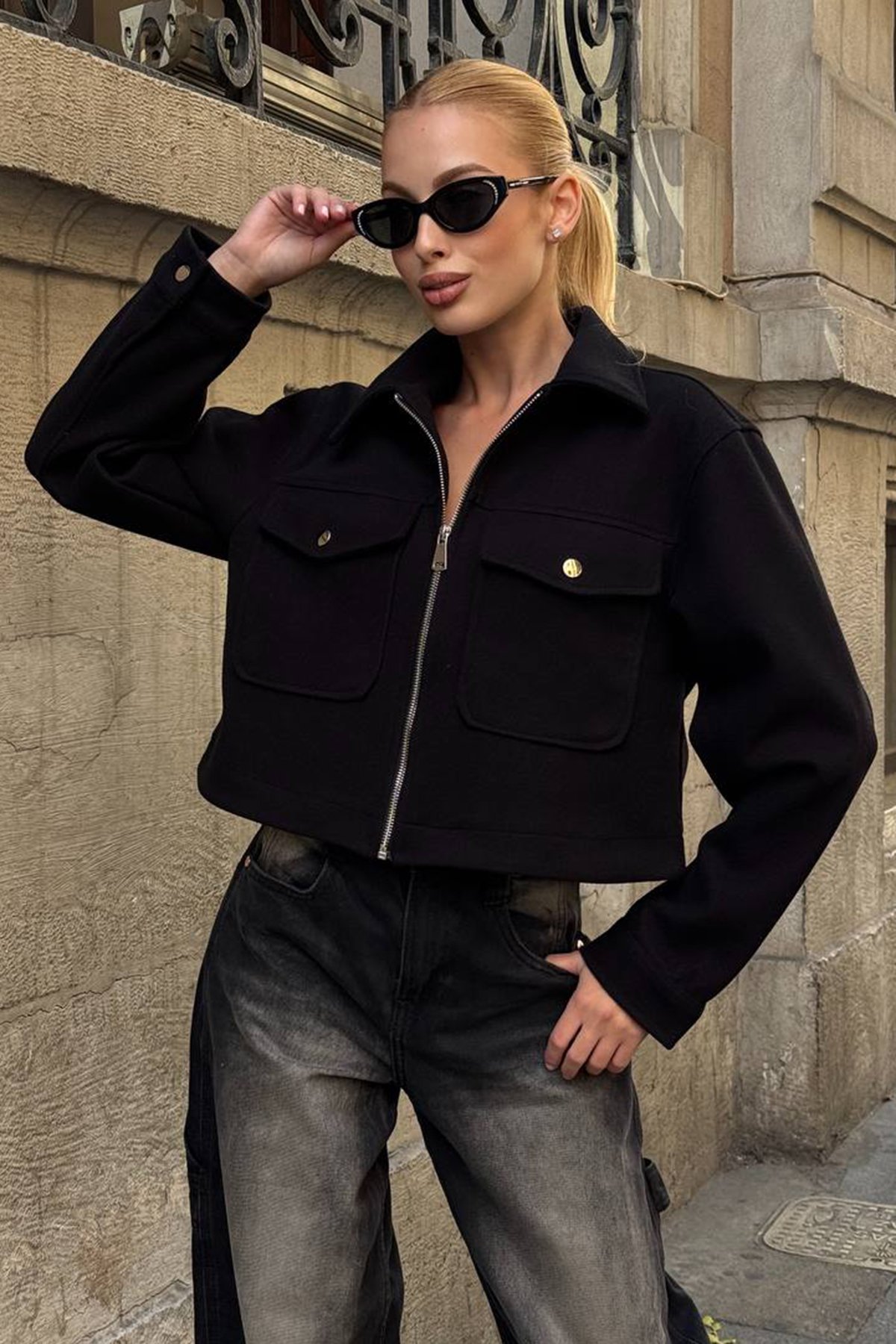 Çift Cepli Fermuar Kapamalı Kaşe Ceket - SİYAH