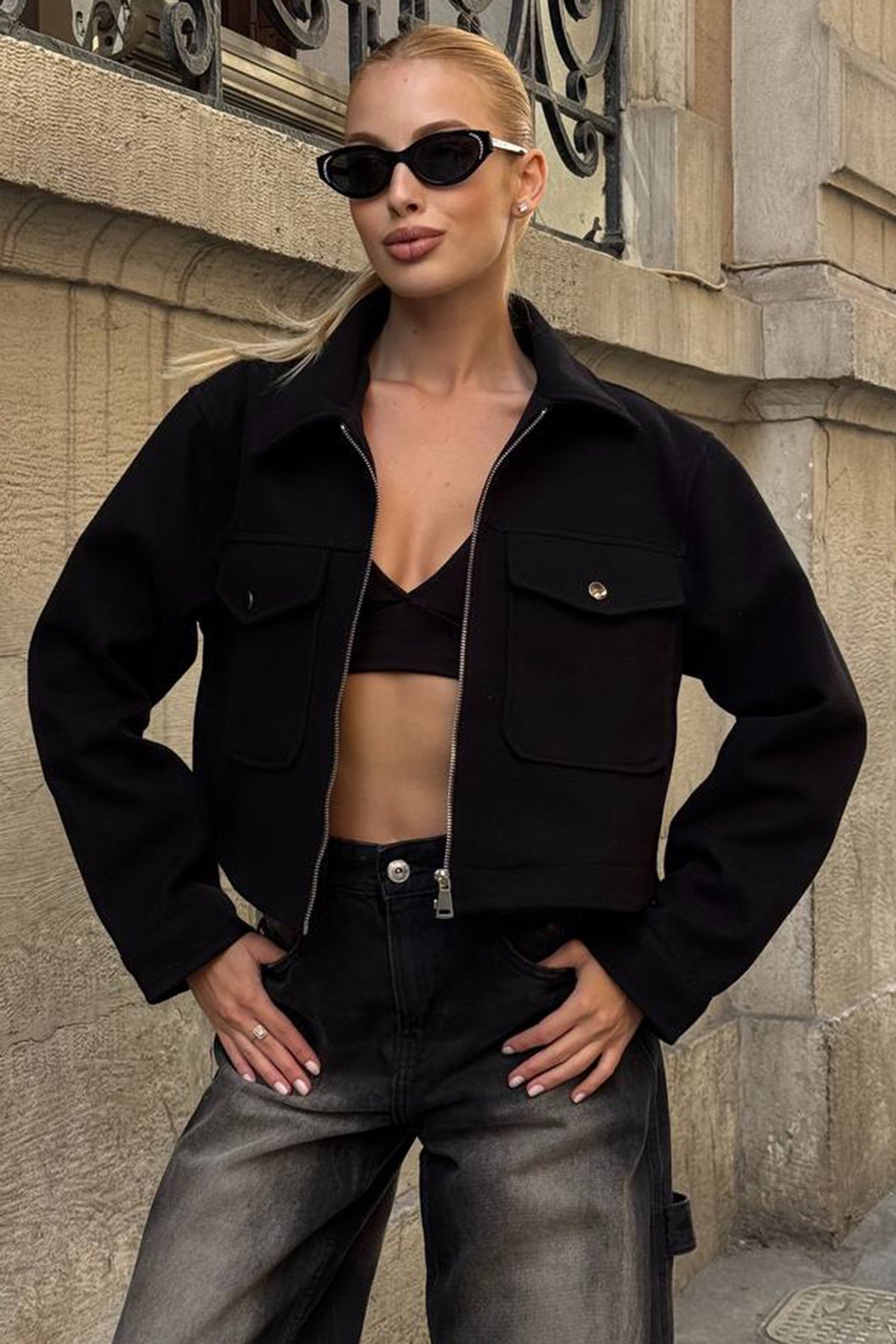 Çift Cepli Fermuar Kapamalı Kaşe Ceket - SİYAH