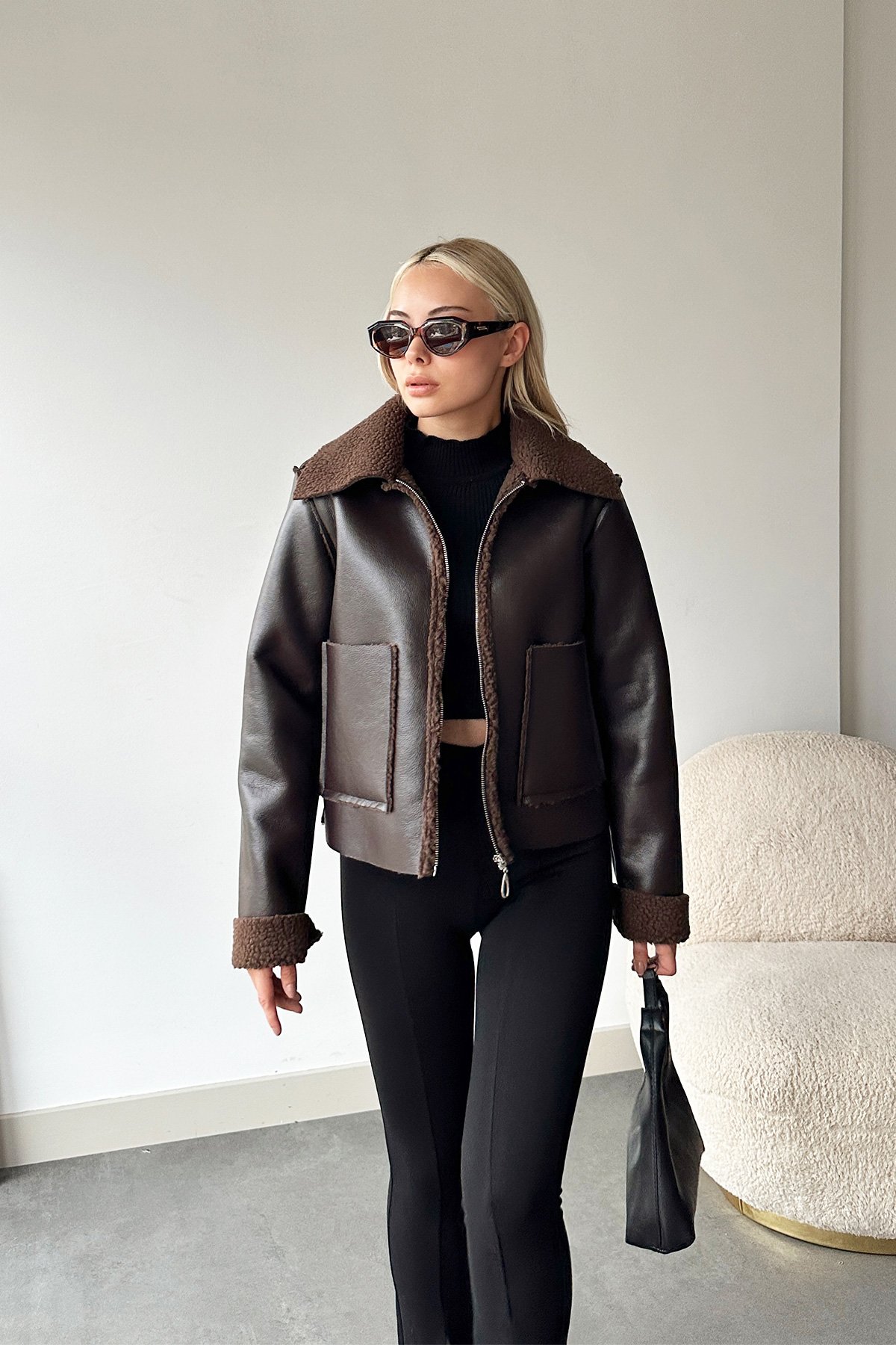 Çift Cepli İçi Suni Kürklü Suni Deri Biker Ceket - ACI KAHVE