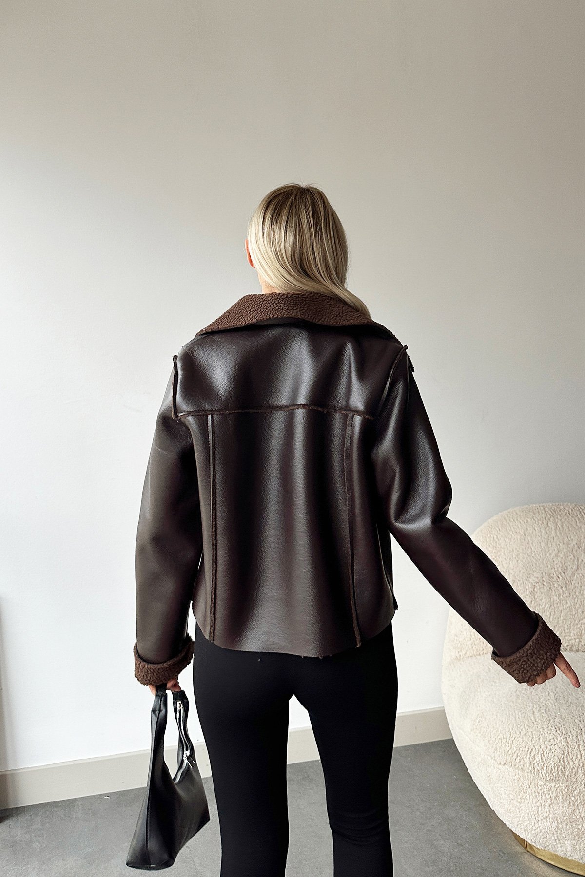 Çift Cepli İçi Suni Kürklü Suni Deri Biker Ceket - ACI KAHVE