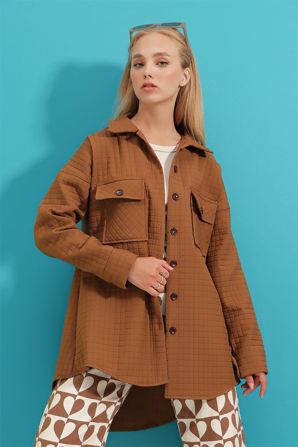 Çift Cepli Kapitone Desenli Regular Ceket - Taba