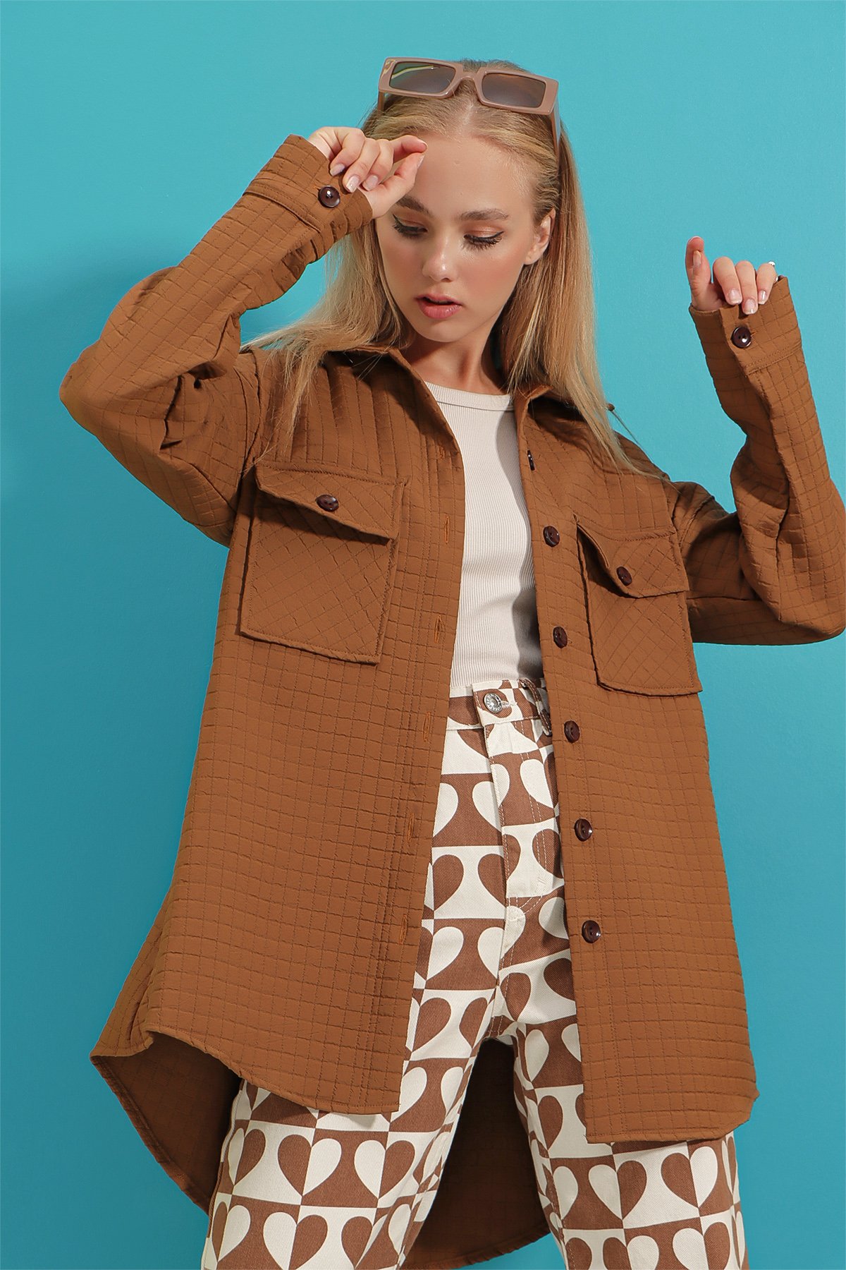 Çift Cepli Kapitone Desenli Regular Ceket - Taba