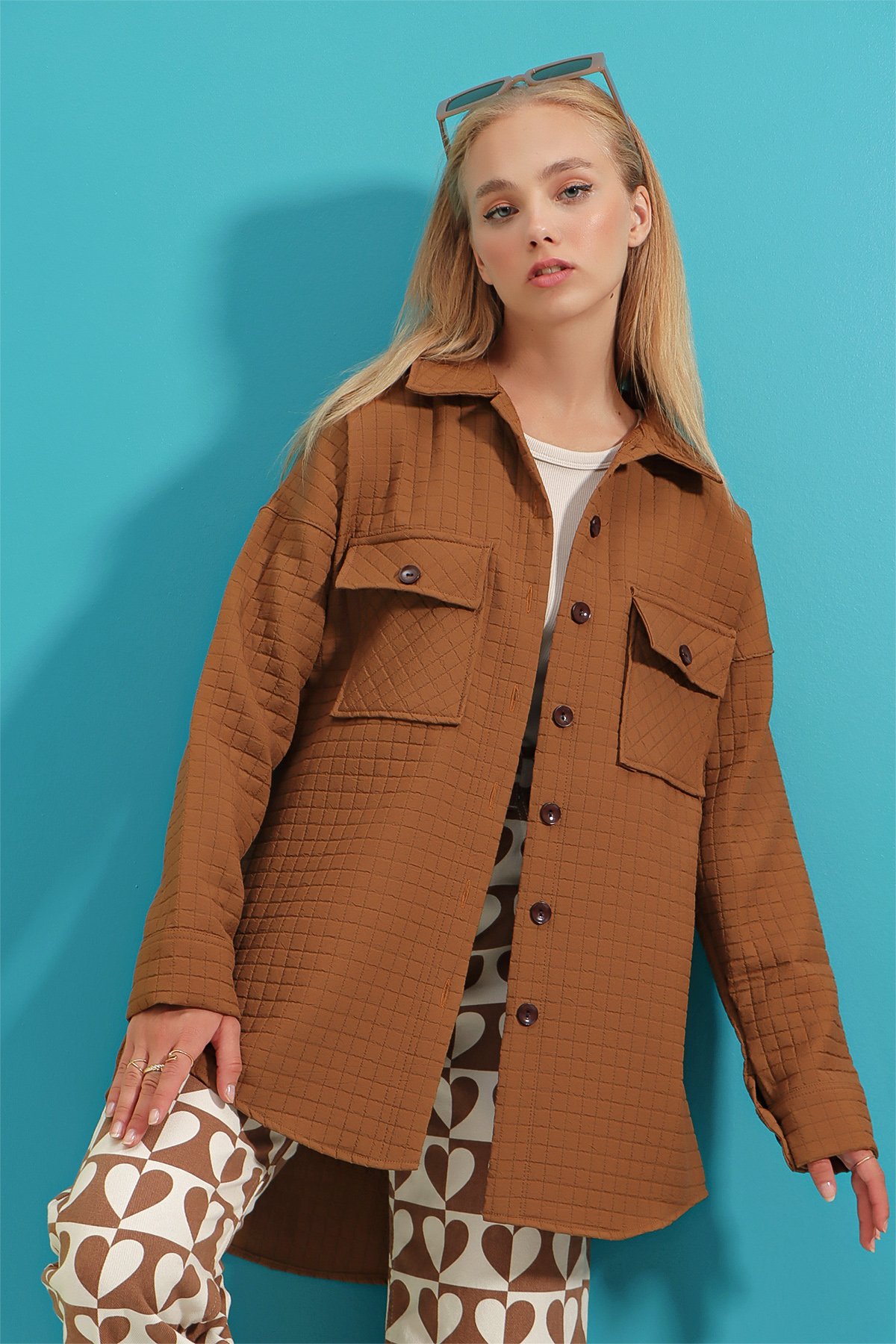 Çift Cepli Kapitone Desenli Regular Ceket - Taba