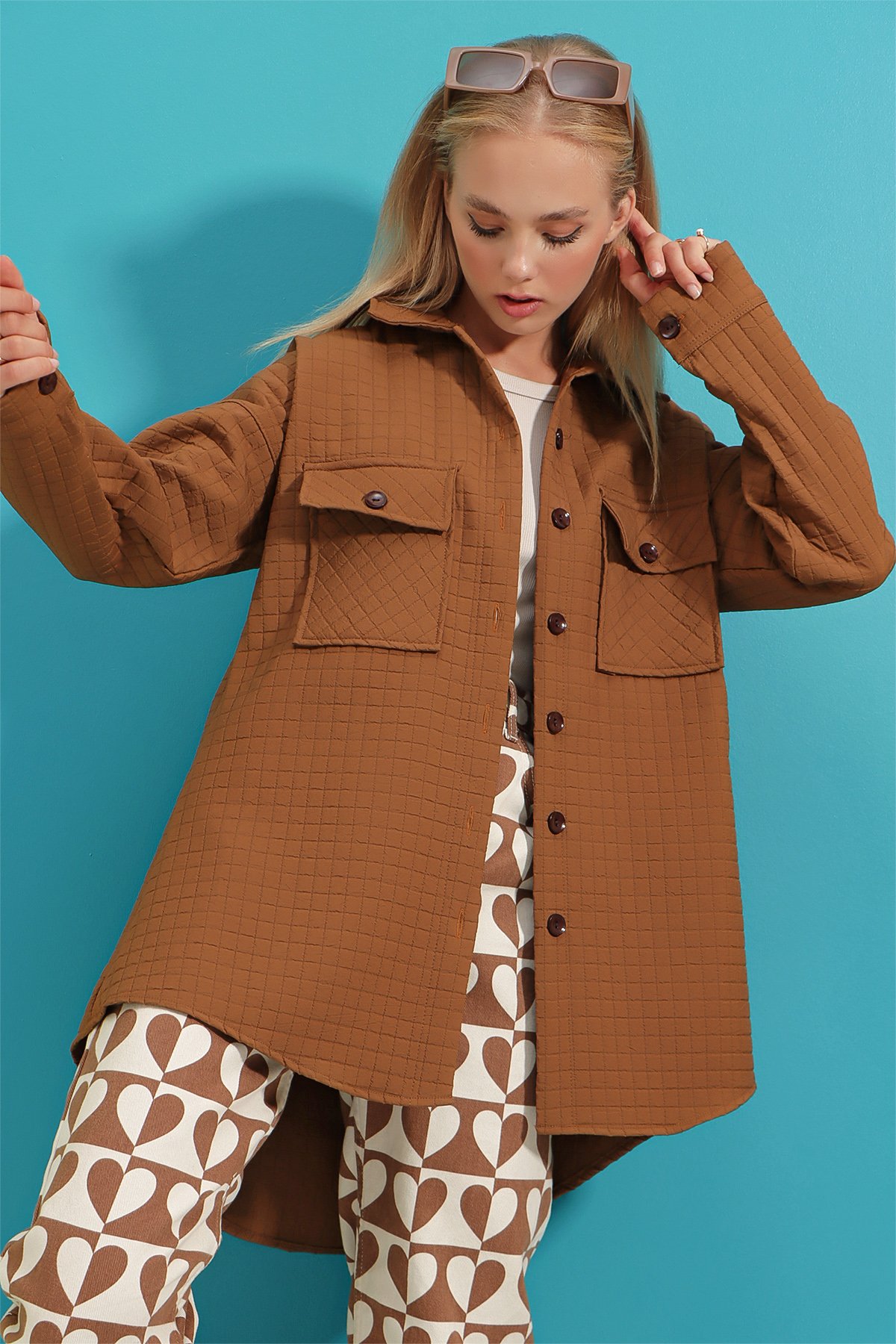 Çift Cepli Kapitone Desenli Regular Ceket - Taba