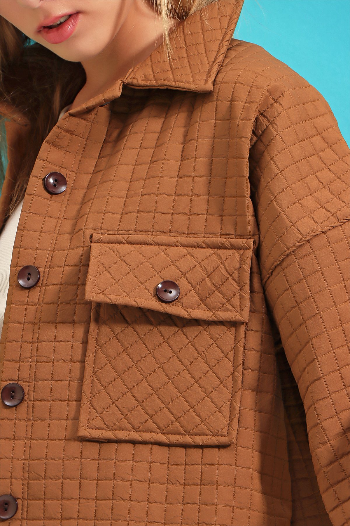 Çift Cepli Kapitone Desenli Regular Ceket - Taba