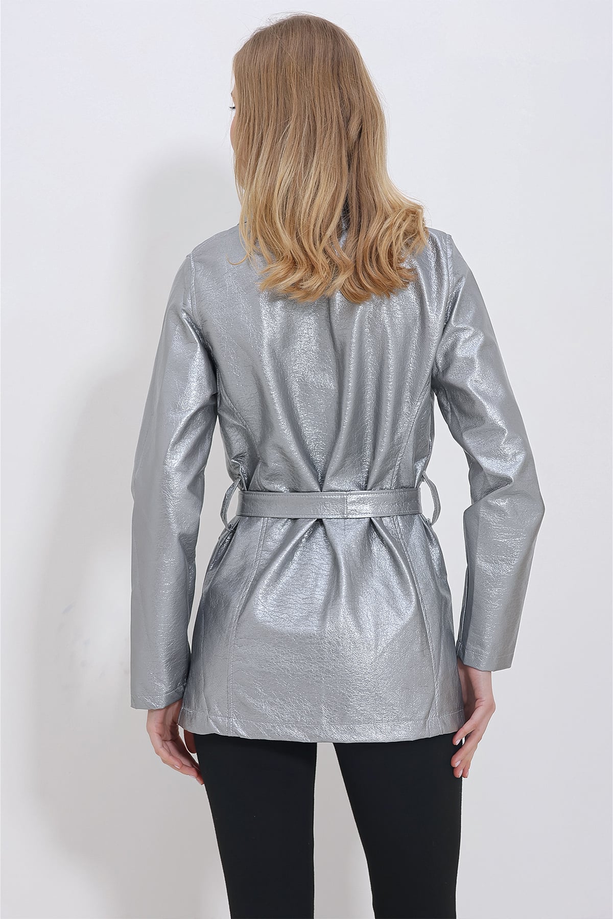 Çift Cepli Kemerli Metalik Silver Ceket - Gümüş