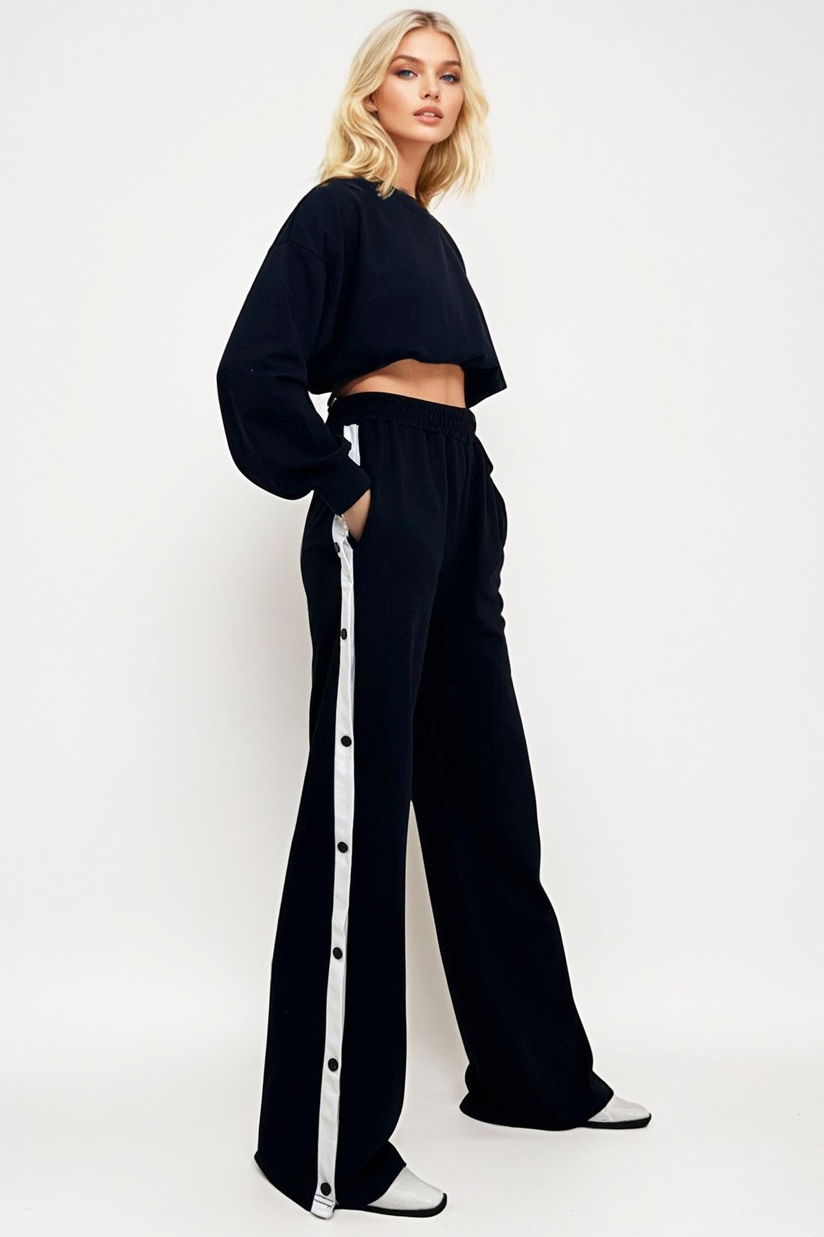 Çift Cepli Lastikli Yanları Şeritli Wide Leg Pantolon - Lacivert