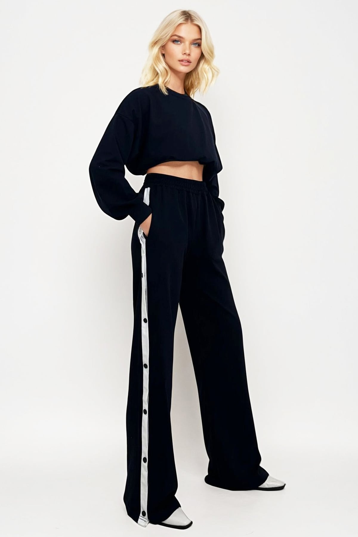 Çift Cepli Lastikli Yanları Şeritli Wide Leg Pantolon - Lacivert