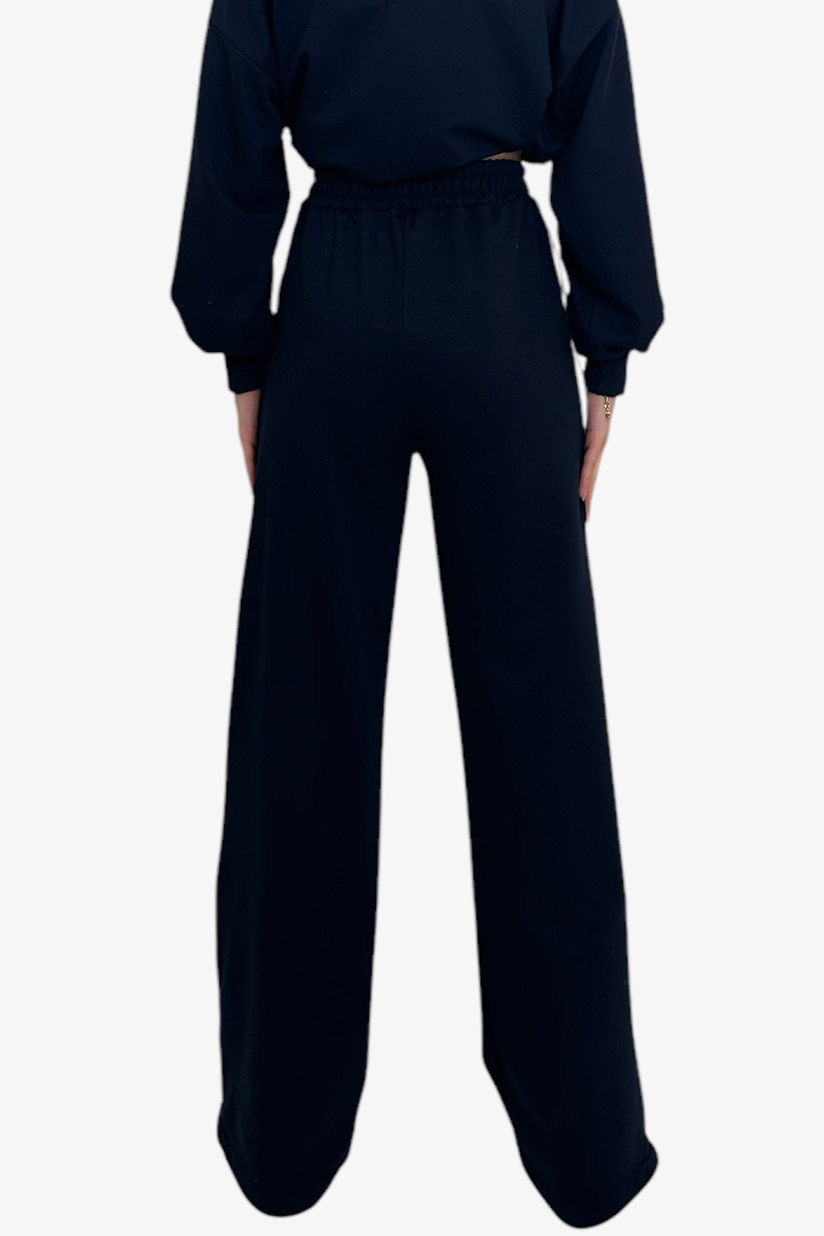 Çift Cepli Lastikli Yanları Şeritli Wide Leg Pantolon - Lacivert