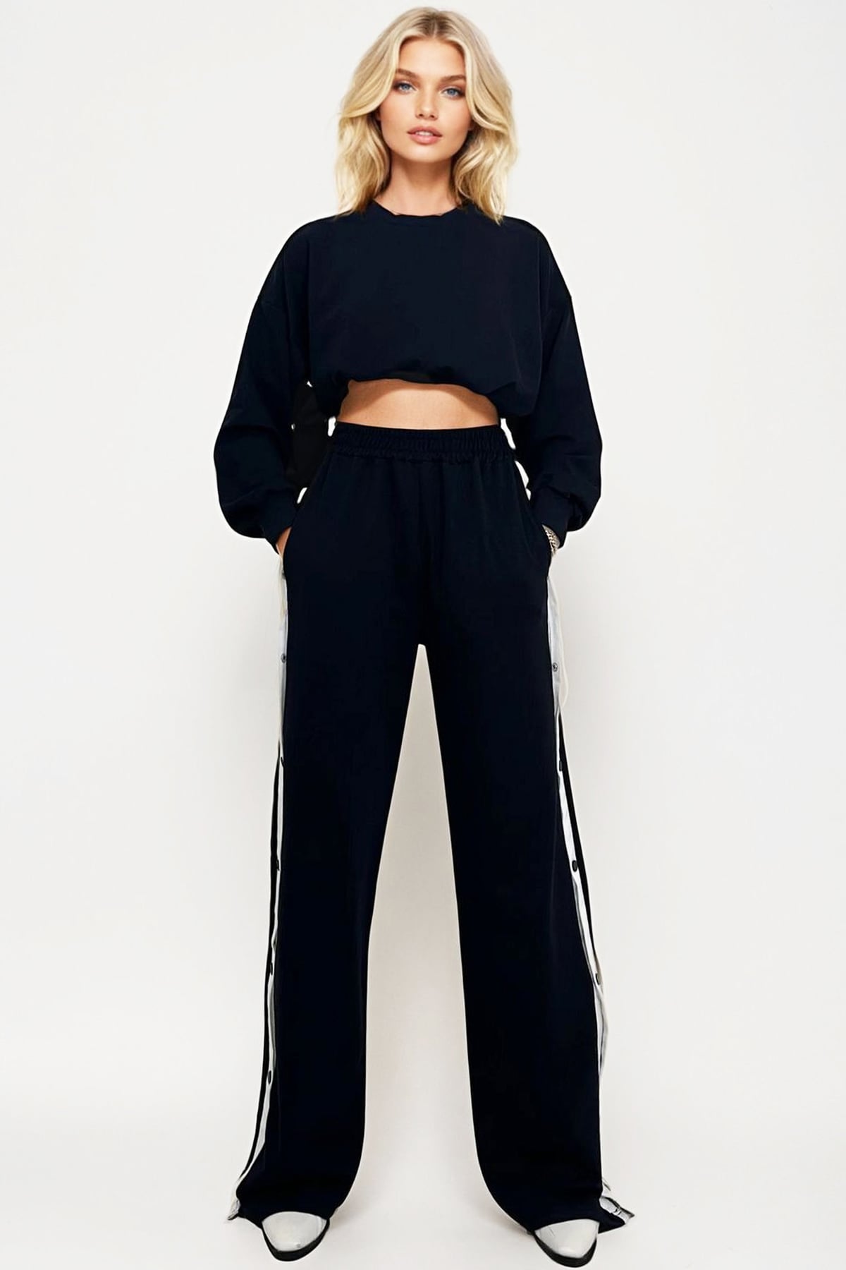 Çift Cepli Lastikli Yanları Şeritli Wide Leg Pantolon - Lacivert