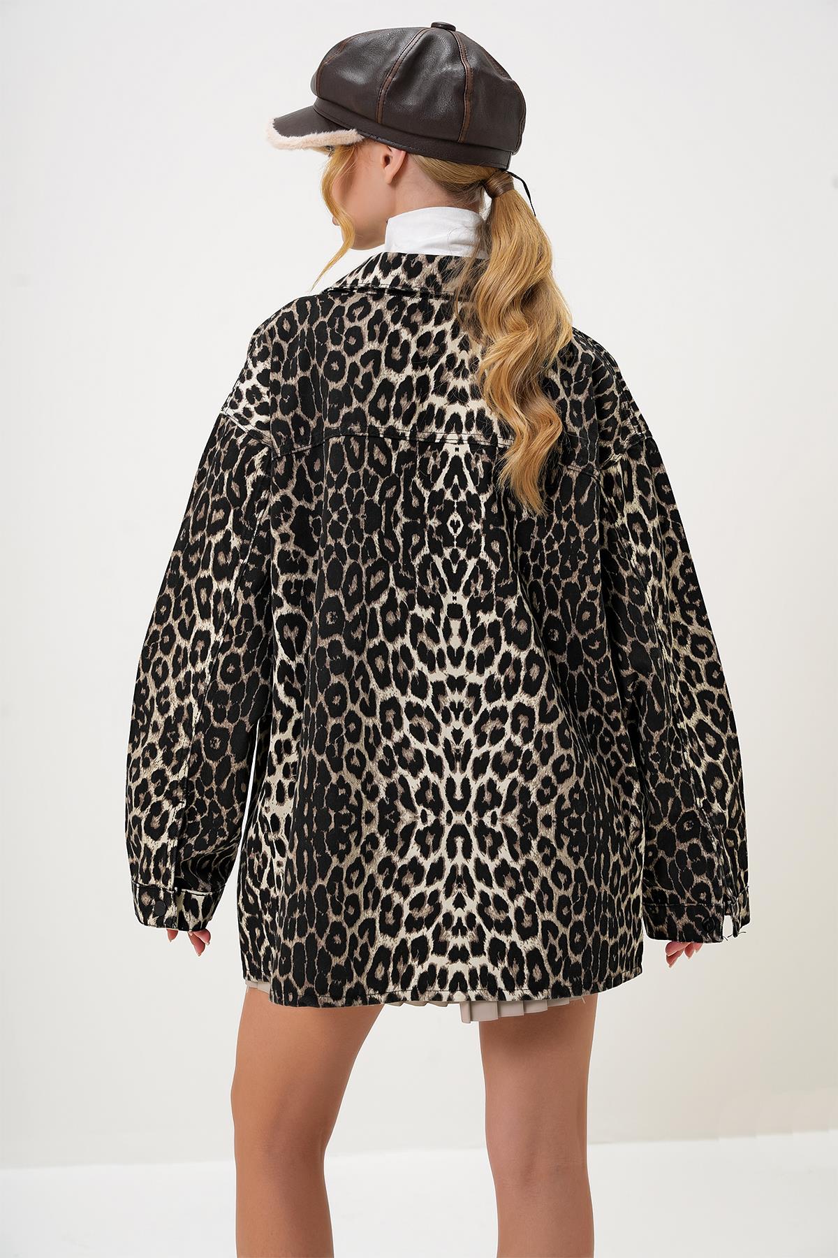 ÇİFT CEPLİ LEOPAR DESENLİ OVERSİZE GABARDİN CEKET - Kahverengi