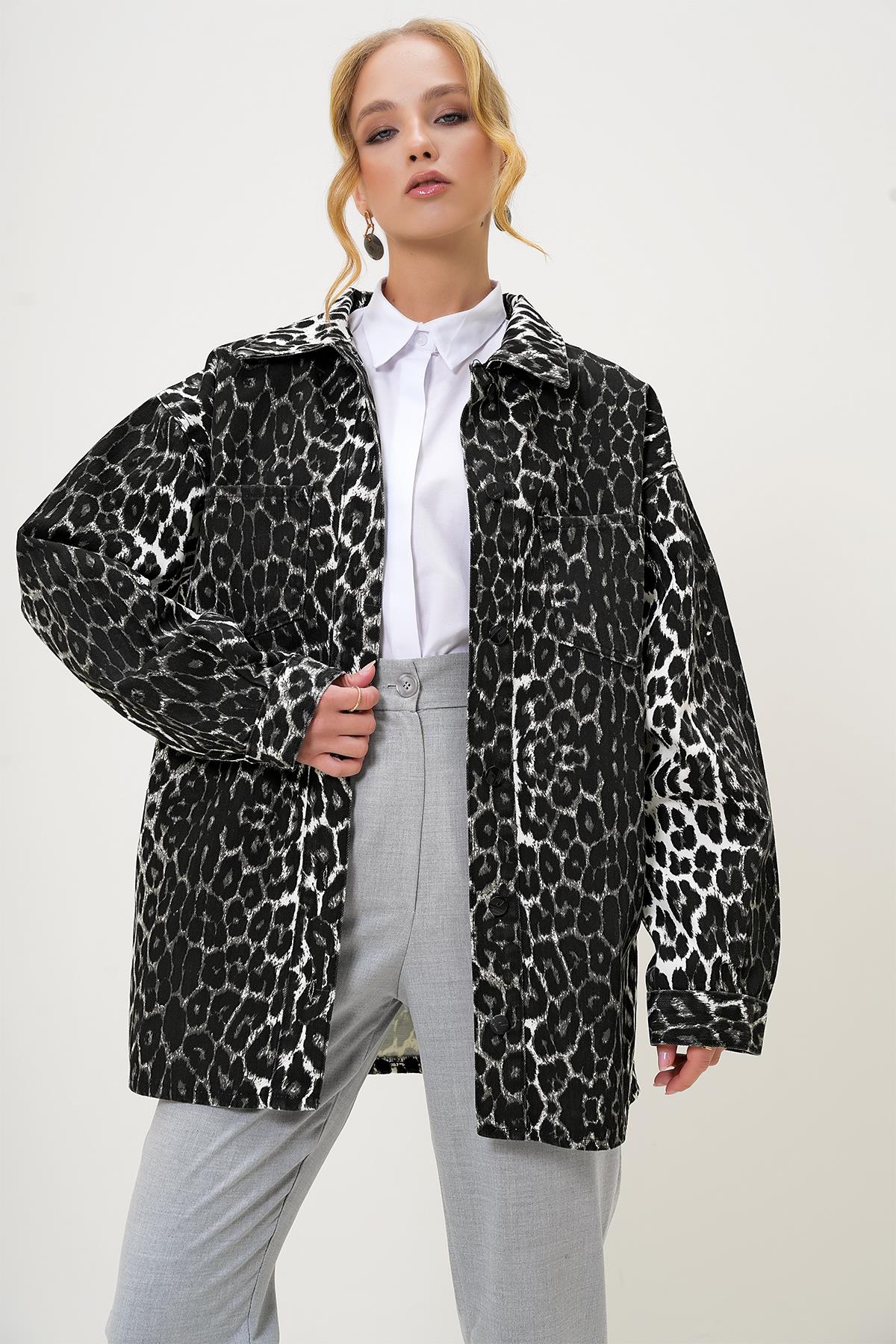 ÇİFT CEPLİ LEOPAR DESENLİ OVERSİZE GABARDİN CEKET - SİYAH