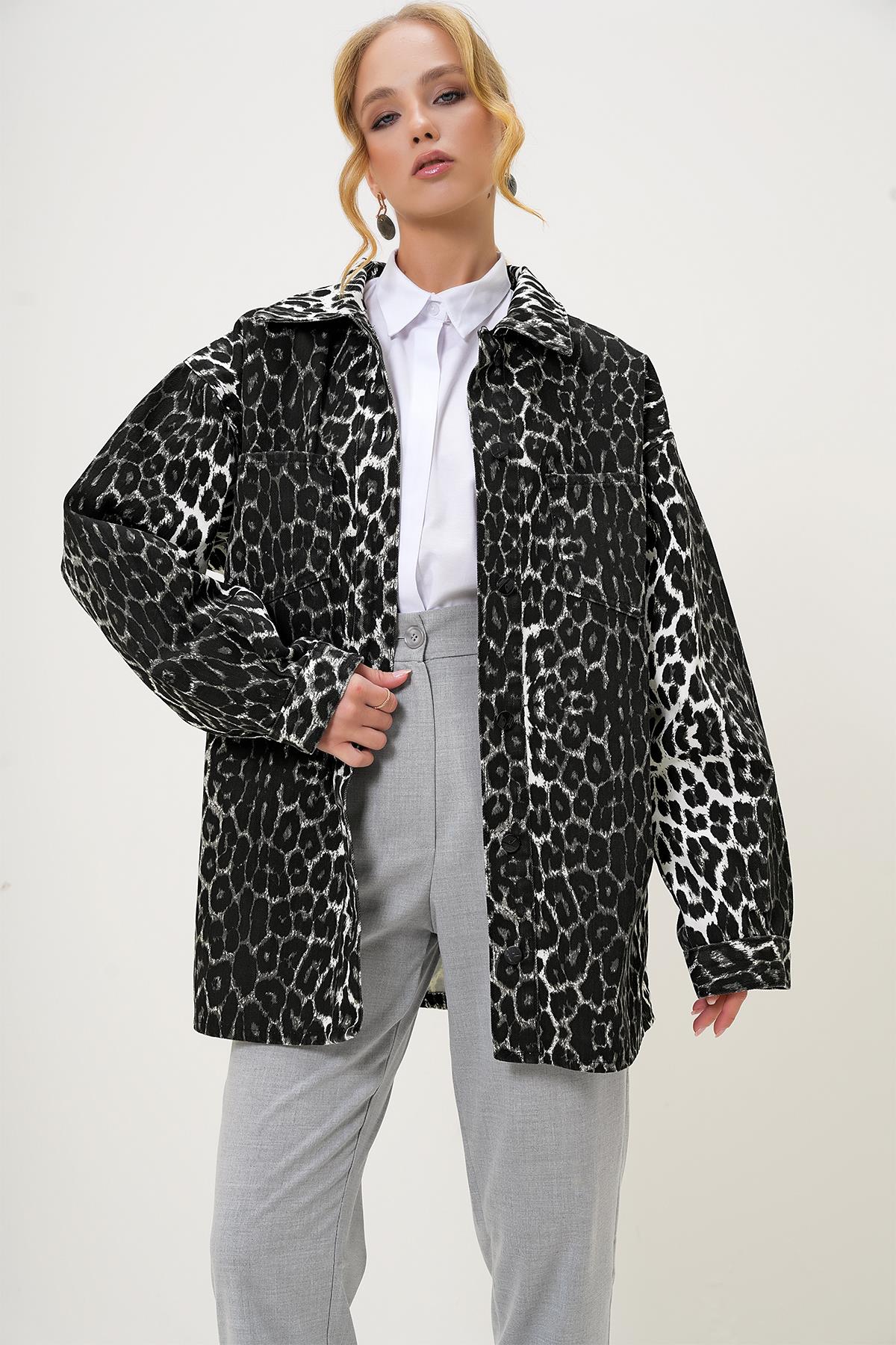 ÇİFT CEPLİ LEOPAR DESENLİ OVERSİZE GABARDİN CEKET - SİYAH