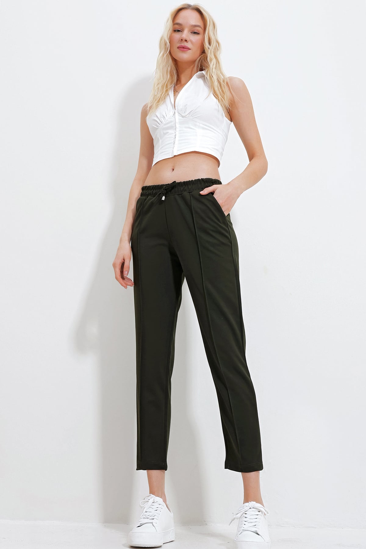 Çift Cepli Önü Çimalı Örme Basic Pantolon - Haki