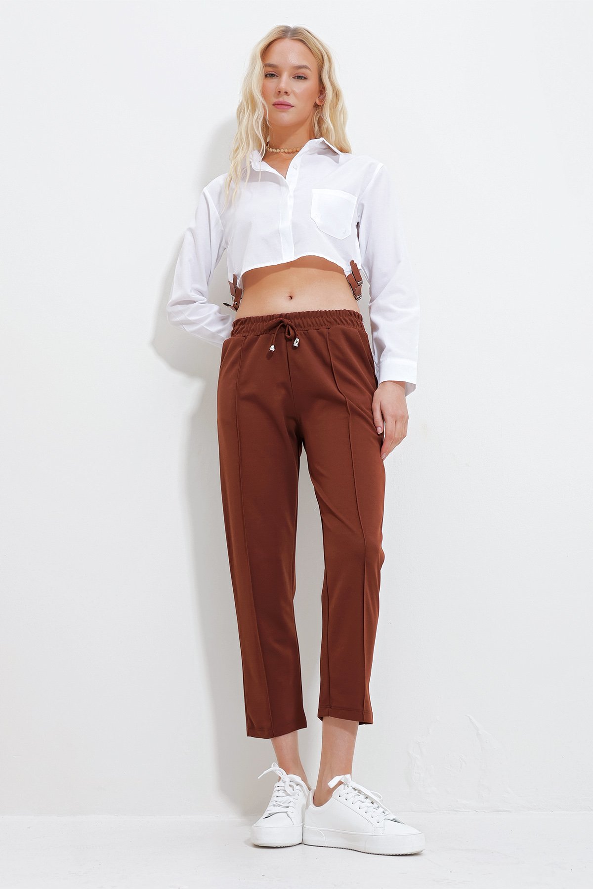 Çift Cepli Önü Çimalı Örme Basic Pantolon - Kahve