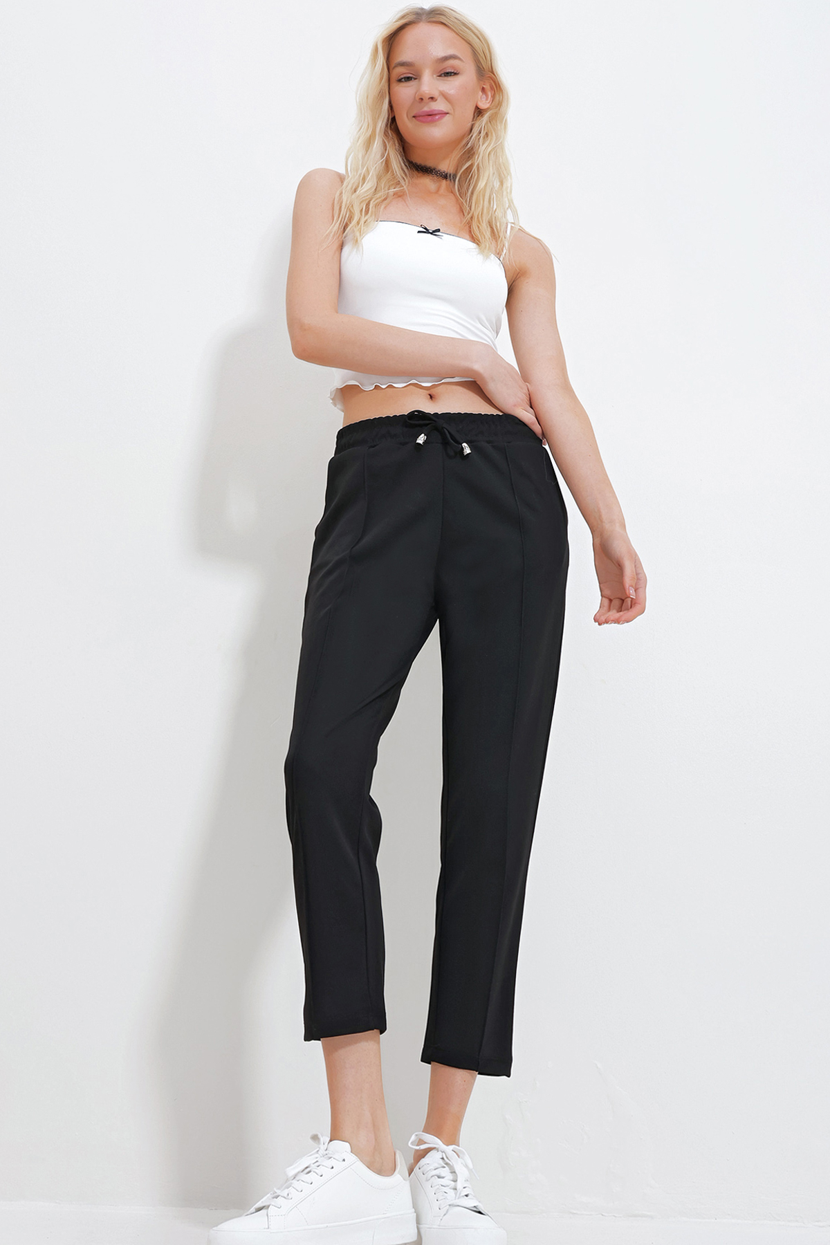 Çift Cepli Önü Çimalı Örme Basic Pantolon - SİYAH