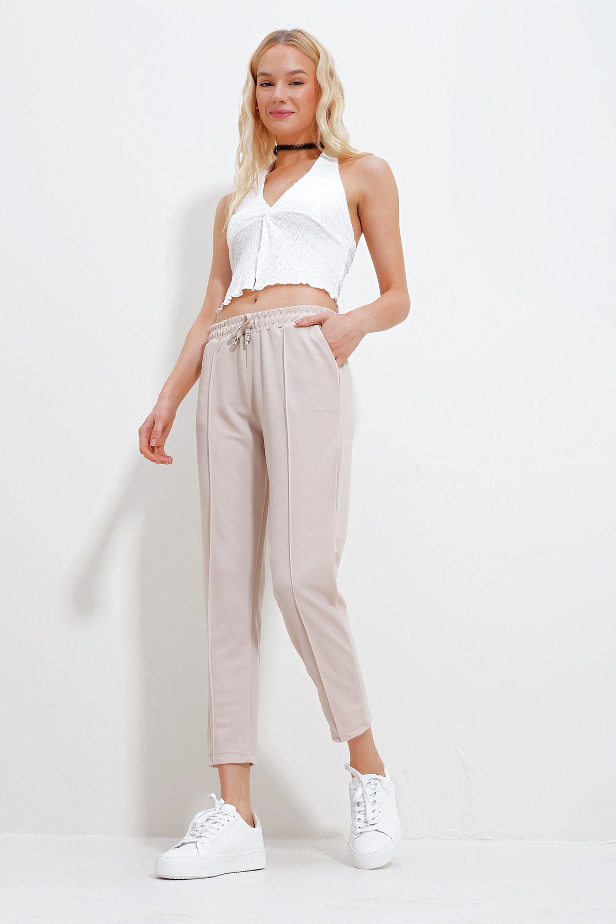 Çift Cepli Önü Çimalı Örme Basic Pantolon - Bej
