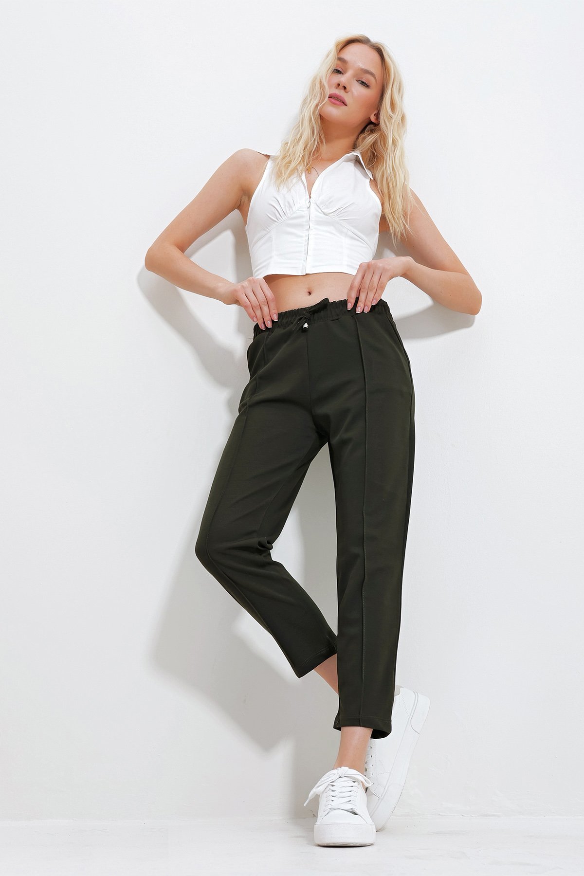 Çift Cepli Önü Çimalı Örme Basic Pantolon - Haki