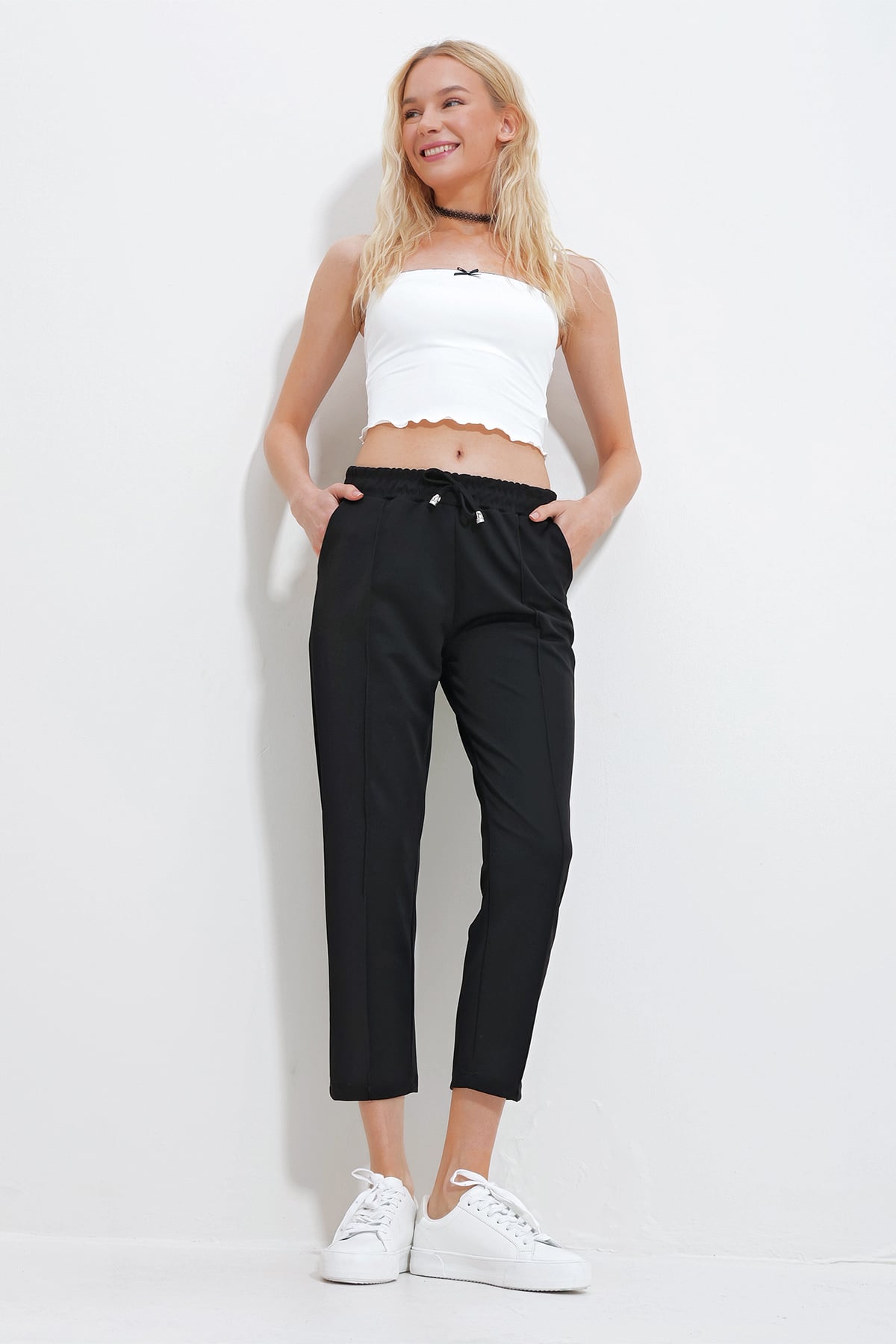 Çift Cepli Önü Çimalı Örme Basic Pantolon - SİYAH