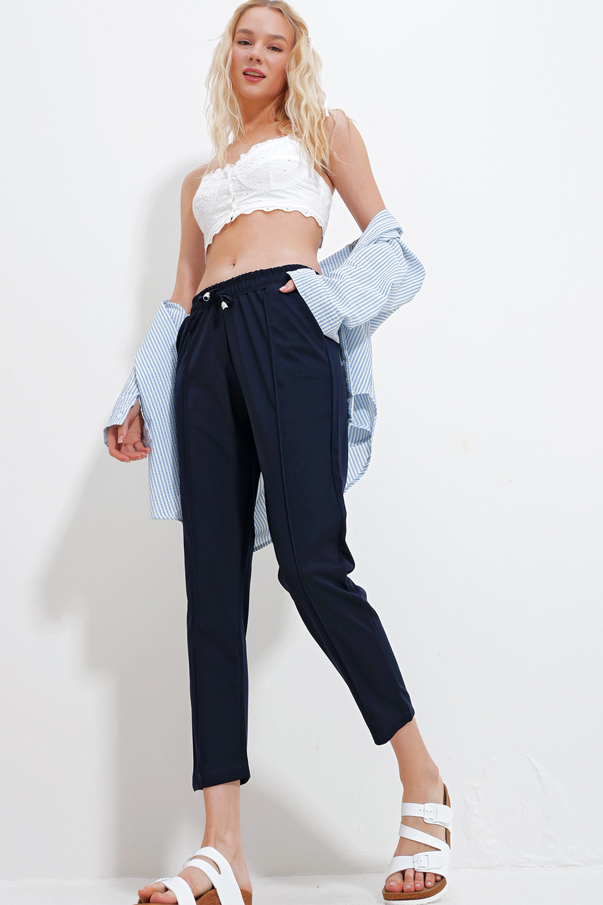 Çift Cepli Önü Çimalı Örme Basic Pantolon - Lacivert