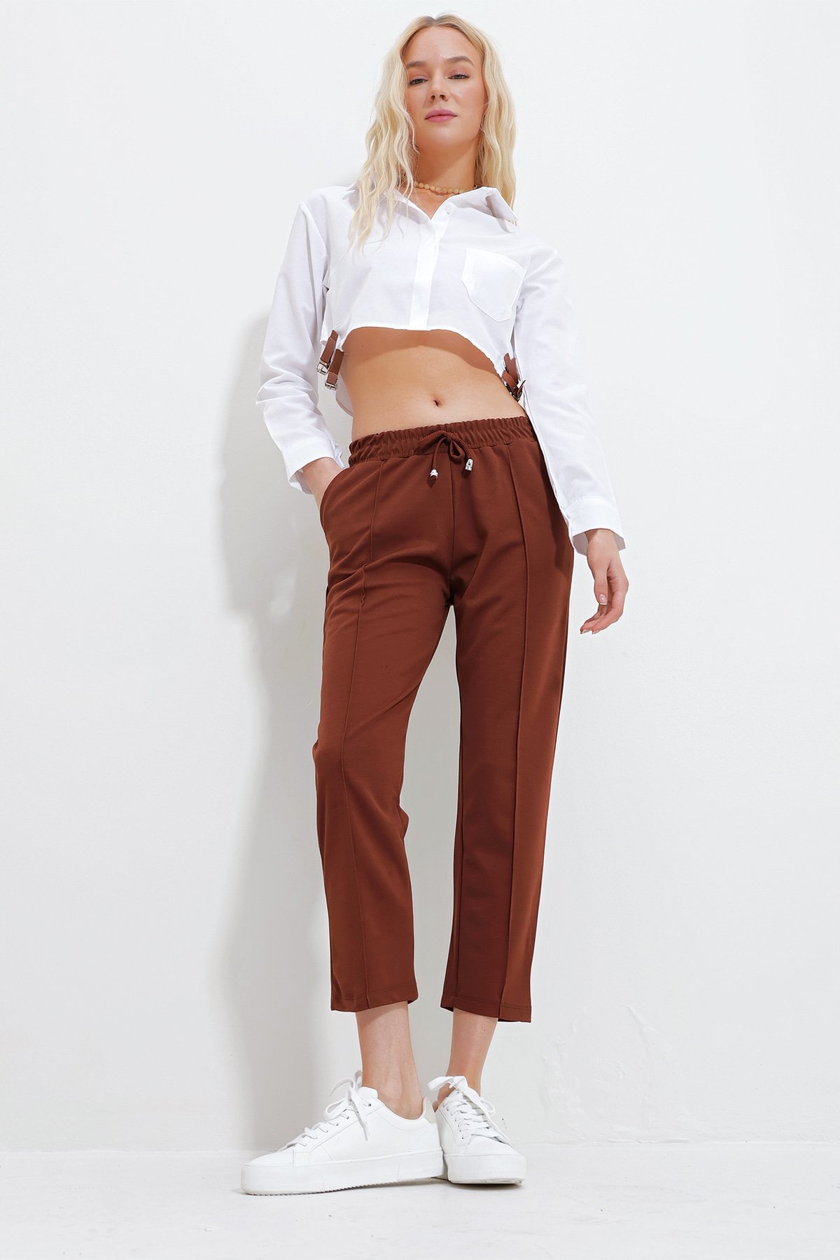 Çift Cepli Önü Çimalı Örme Basic Pantolon - Kahve