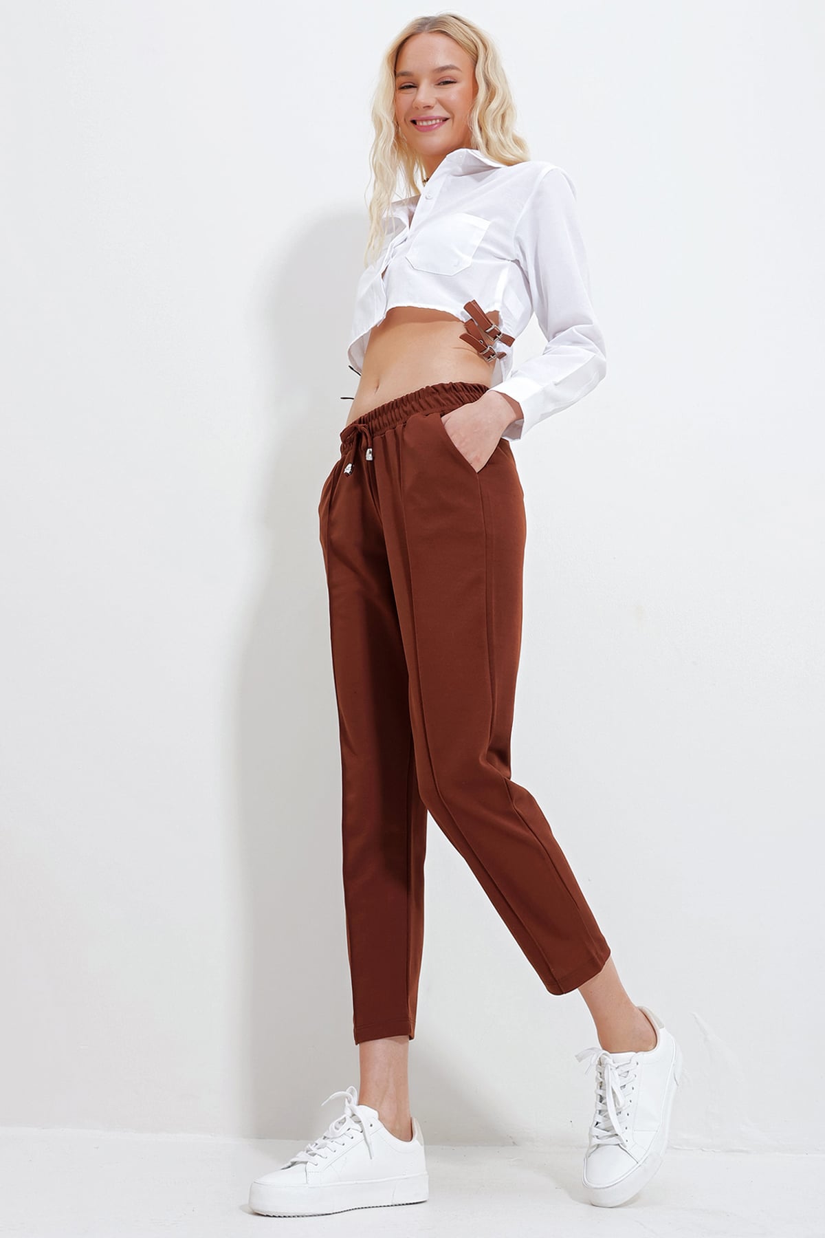 Çift Cepli Önü Çimalı Örme Basic Pantolon - Kahve