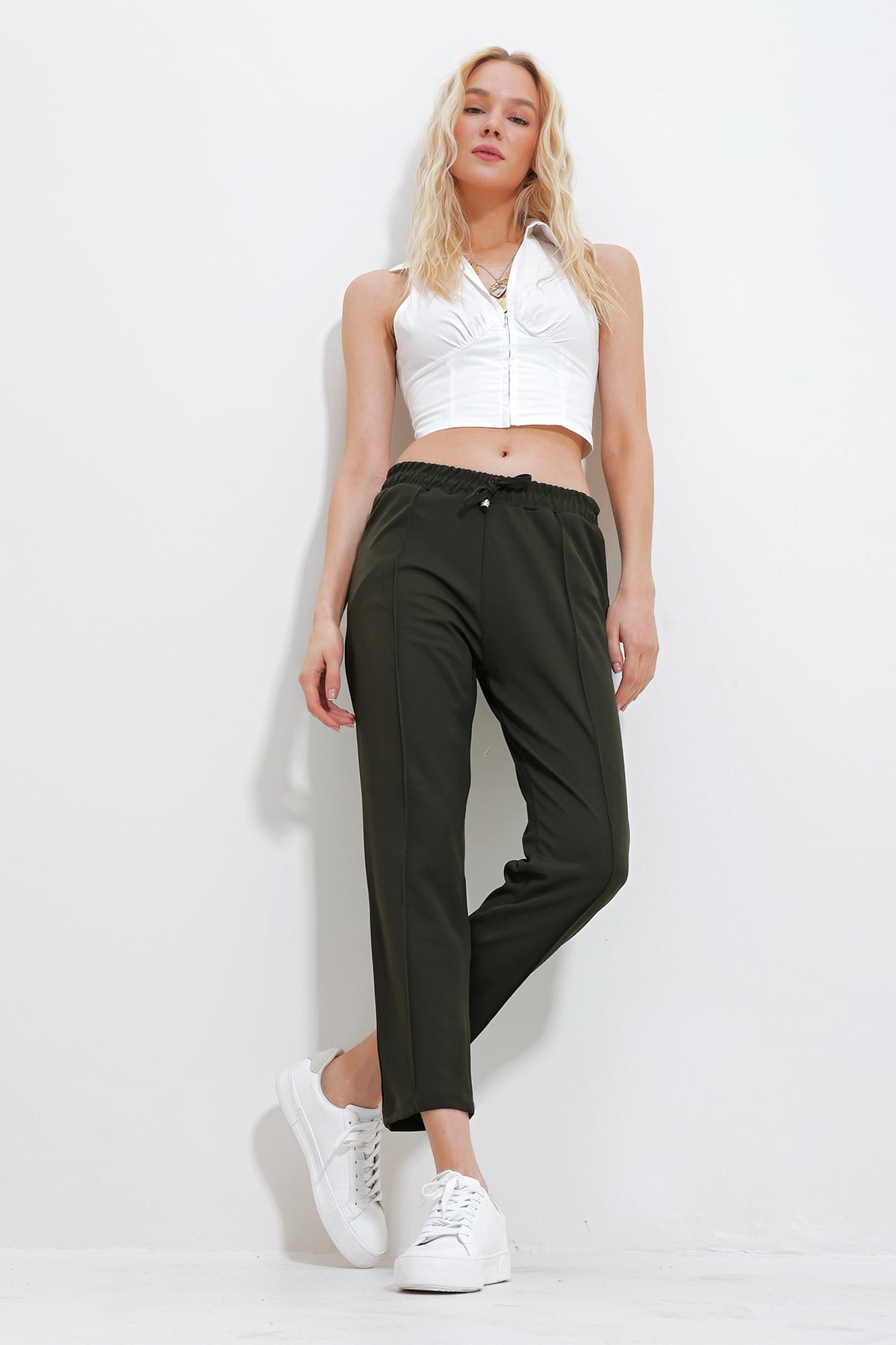 Çift Cepli Önü Çimalı Örme Basic Pantolon - Haki