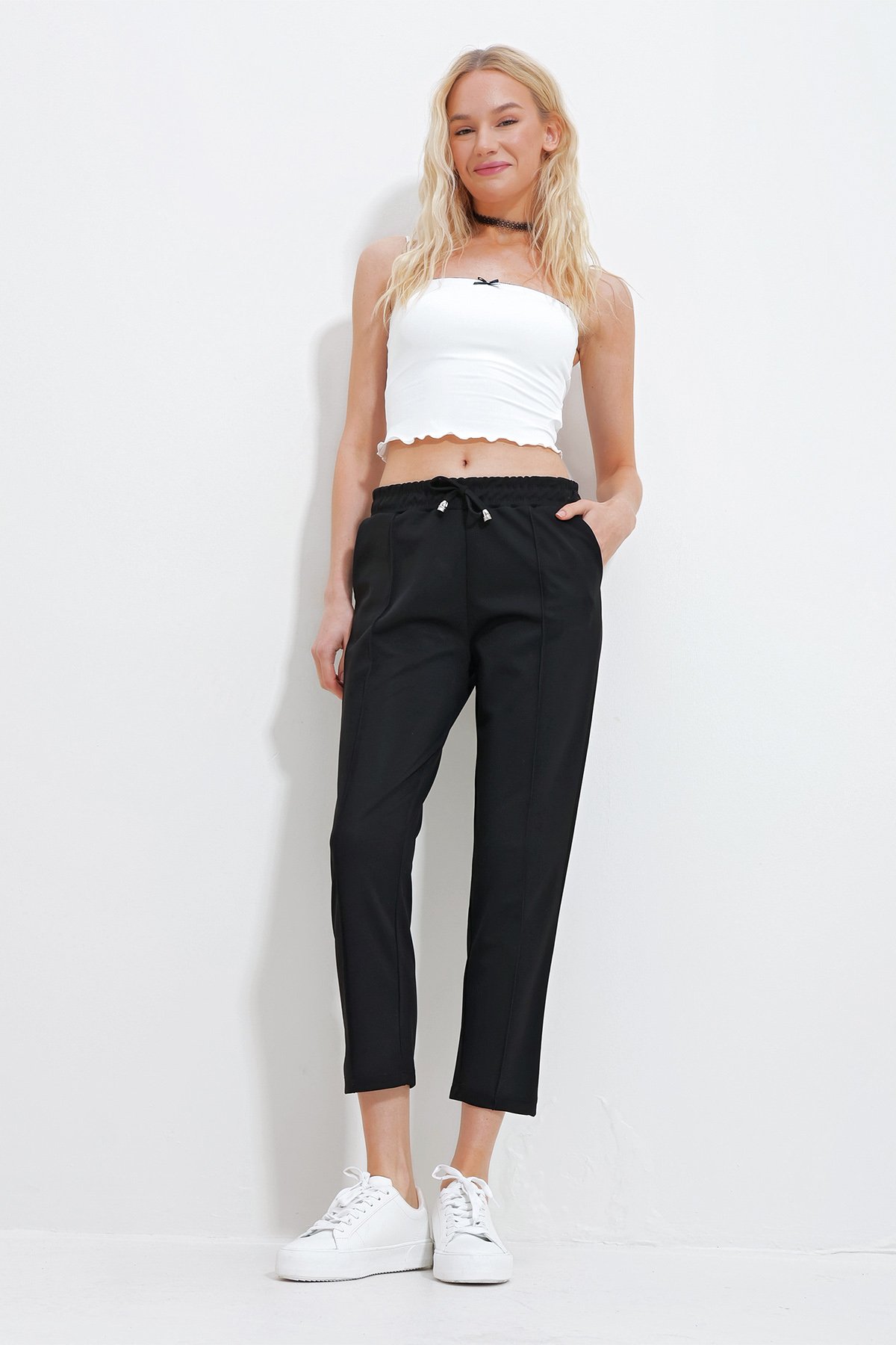 Çift Cepli Önü Çimalı Örme Basic Pantolon - SİYAH