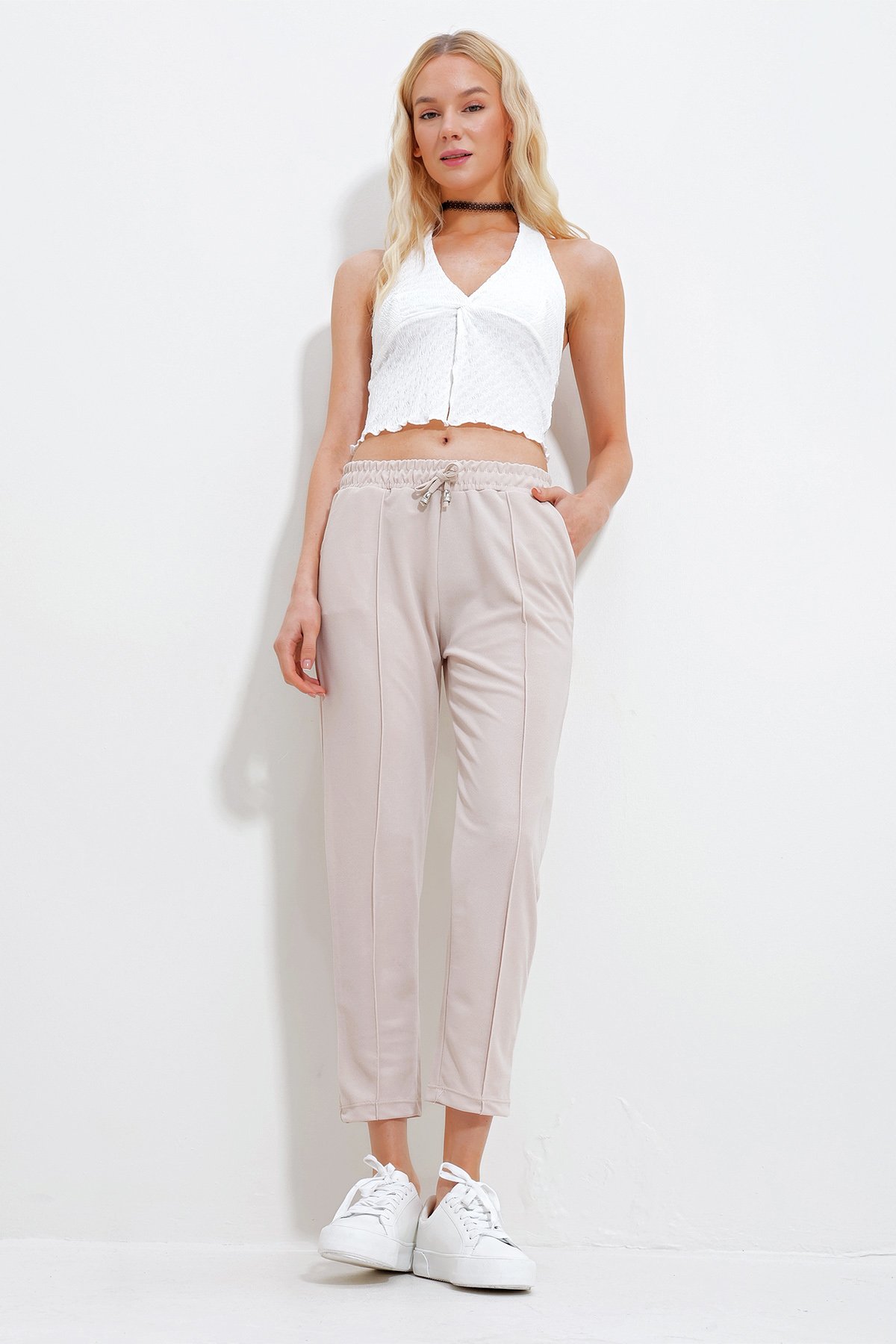 Çift Cepli Önü Çimalı Örme Basic Pantolon - Bej