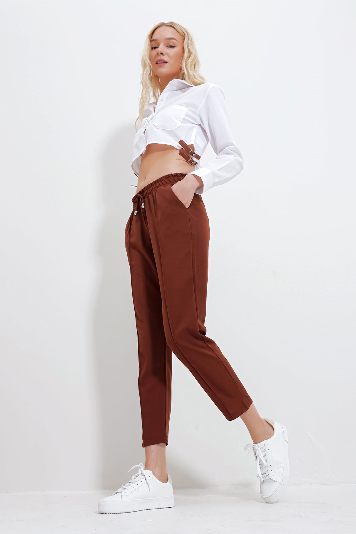 Çift Cepli Önü Çimalı Örme Basic Pantolon - Kahve