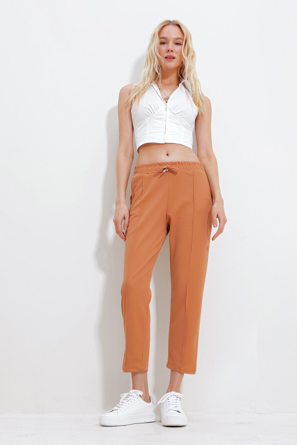 Çift Cepli Önü Çimalı Örme Basic Pantolon - Karamel