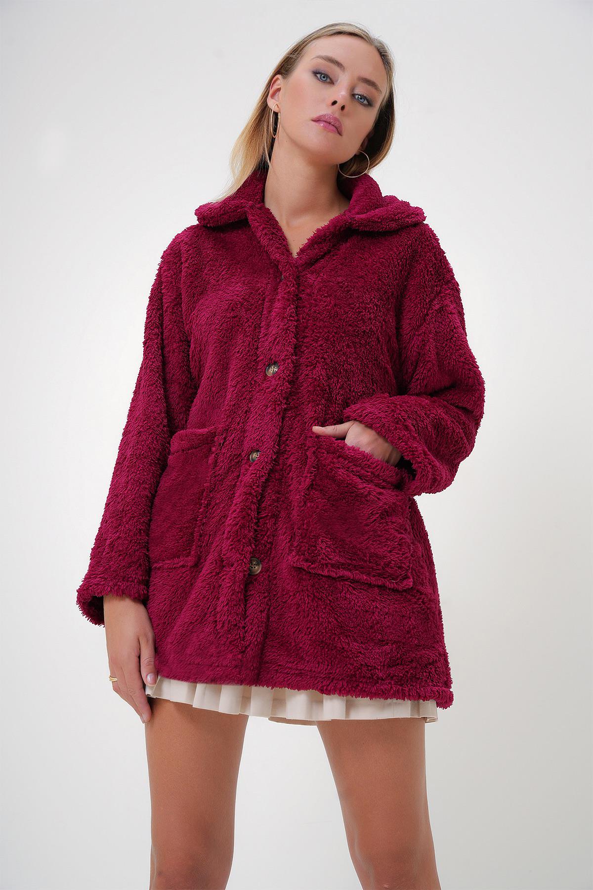 Çift Cepli Önü Düğmeli Oversize Peluş Ceket - Bordo