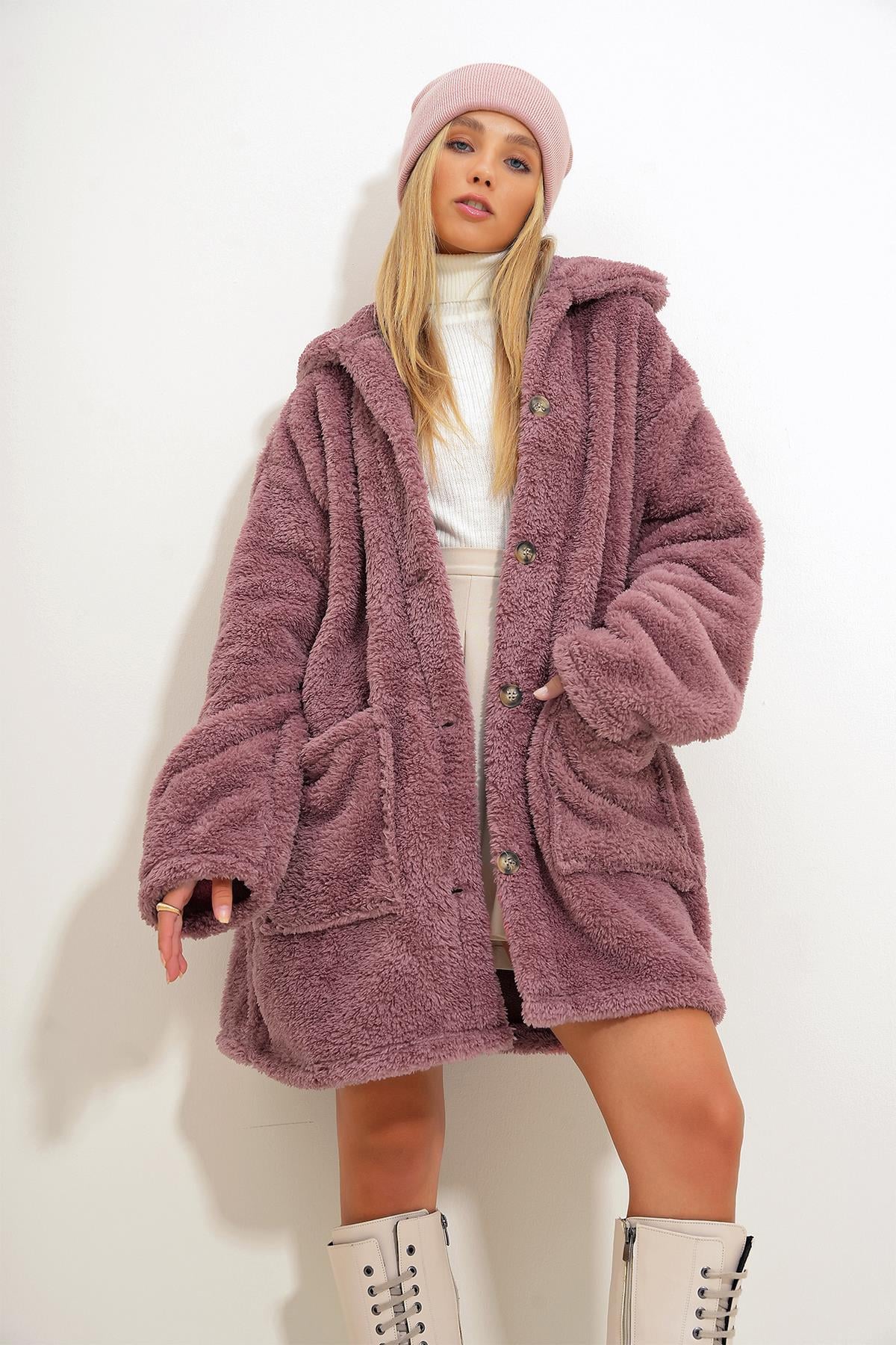 Çift Cepli Önü Düğmeli Oversize Peluş Ceket - Gül Kurusu
