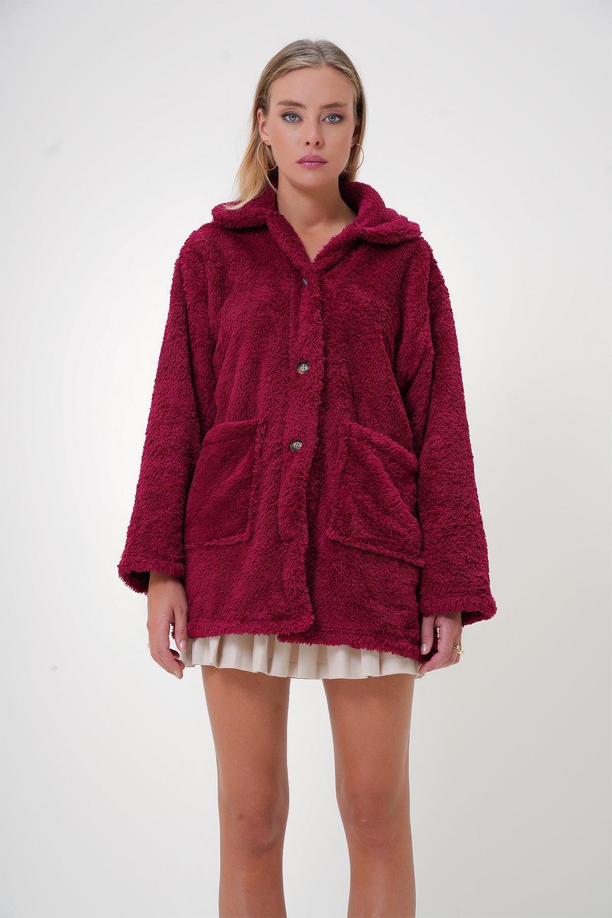 Çift Cepli Önü Düğmeli Oversize Peluş Ceket - Bordo