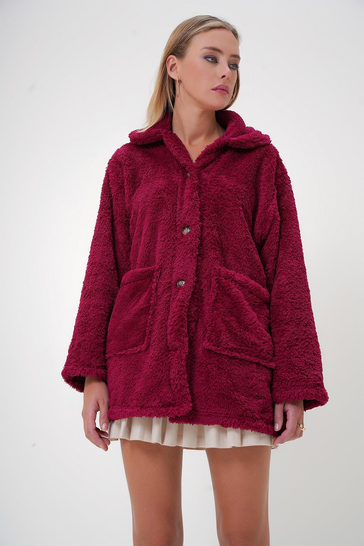 Çift Cepli Önü Düğmeli Oversize Peluş Ceket - Bordo