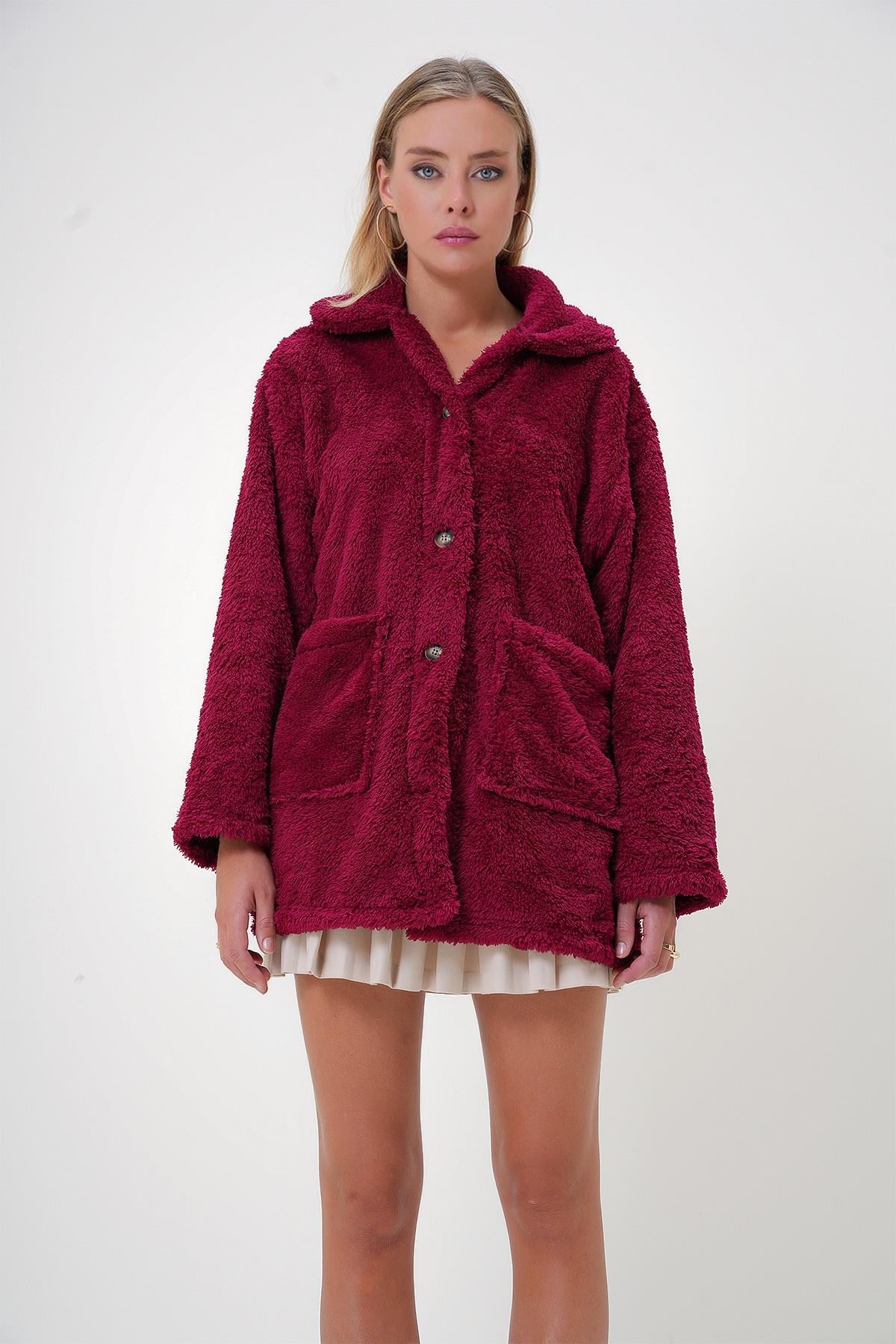 Çift Cepli Önü Düğmeli Oversize Peluş Ceket - Bordo
