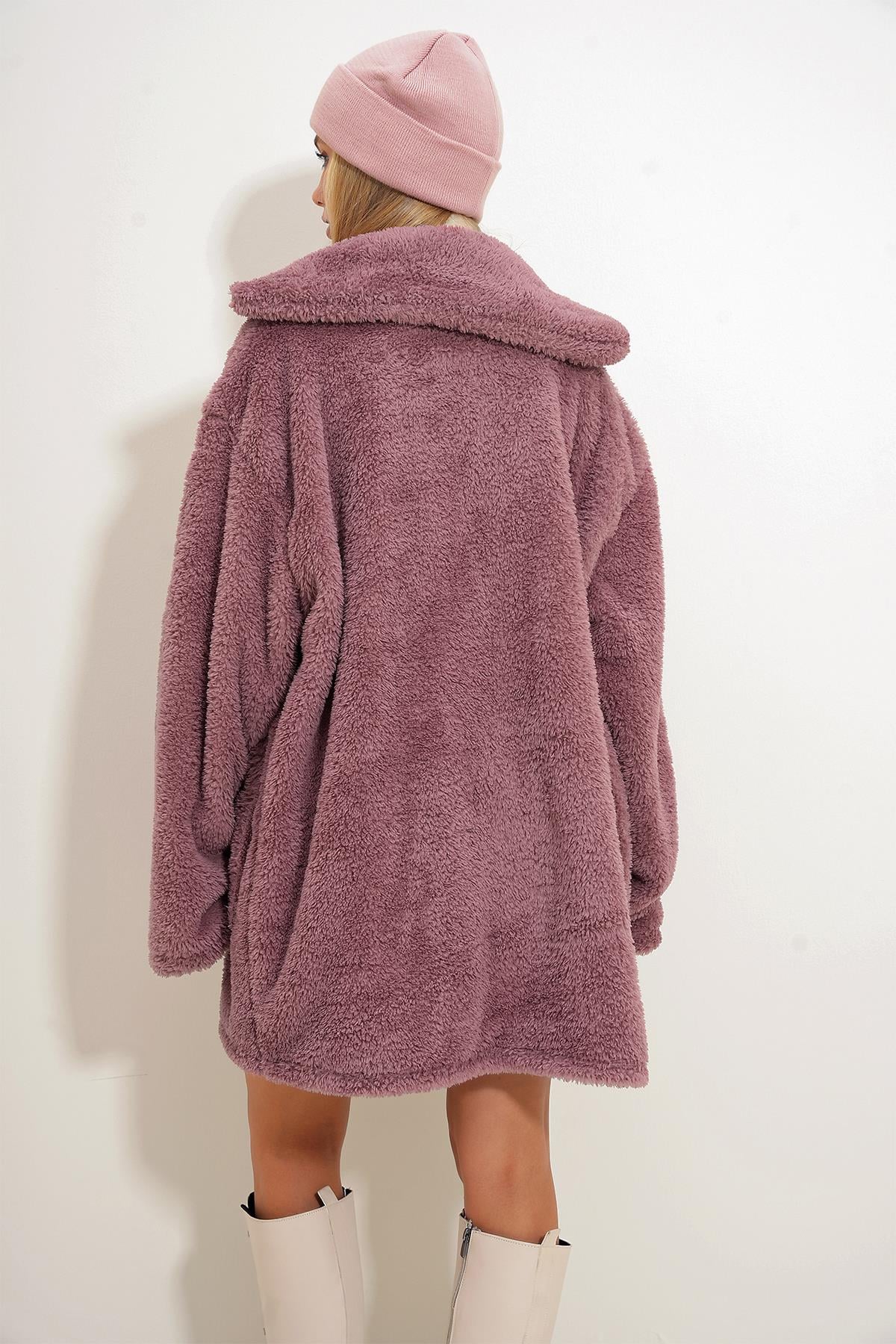 Çift Cepli Önü Düğmeli Oversize Peluş Ceket - Gül Kurusu