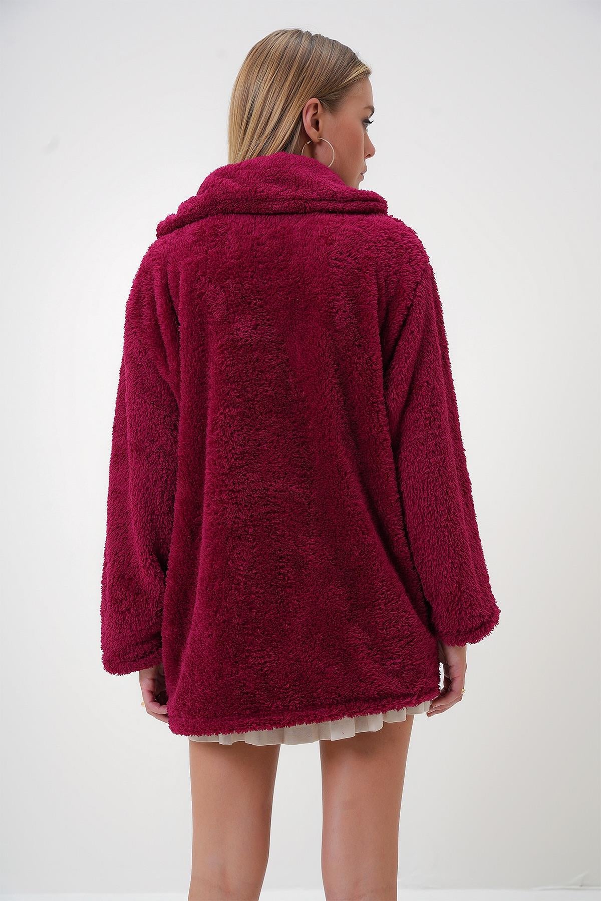 Çift Cepli Önü Düğmeli Oversize Peluş Ceket - Bordo