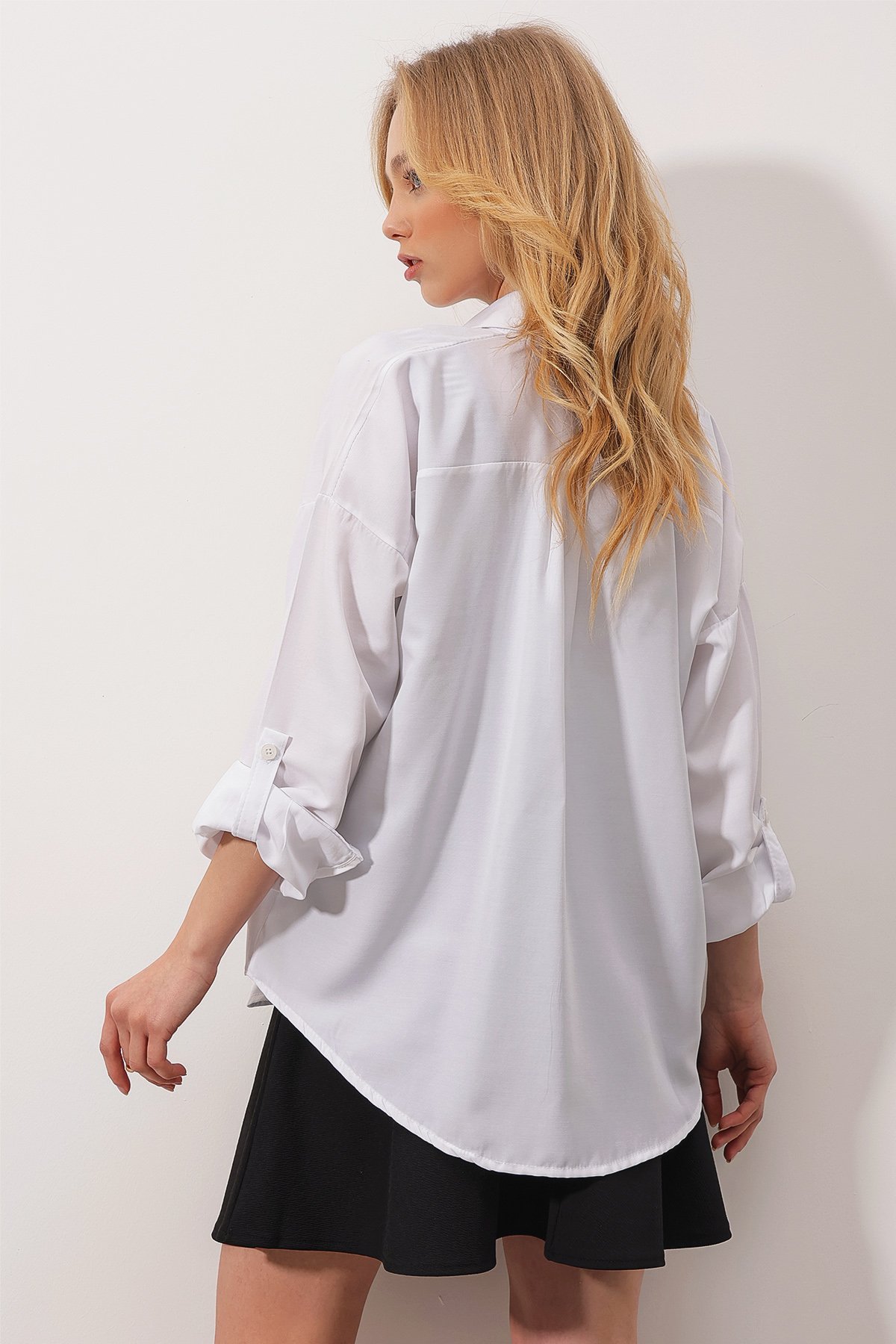 Çift Cepli Oversize Dokuma Gömlek - Beyaz