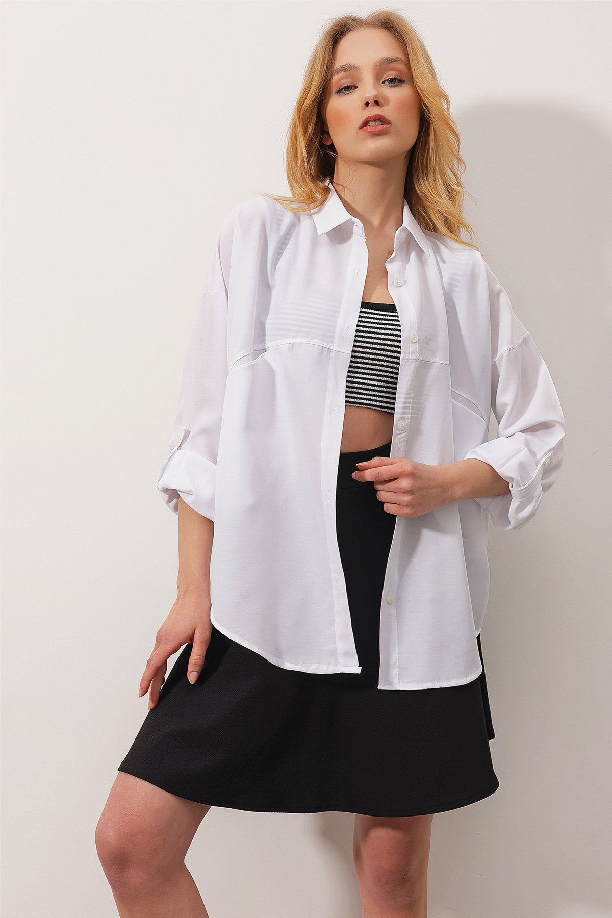 Çift Cepli Oversize Dokuma Gömlek - Beyaz