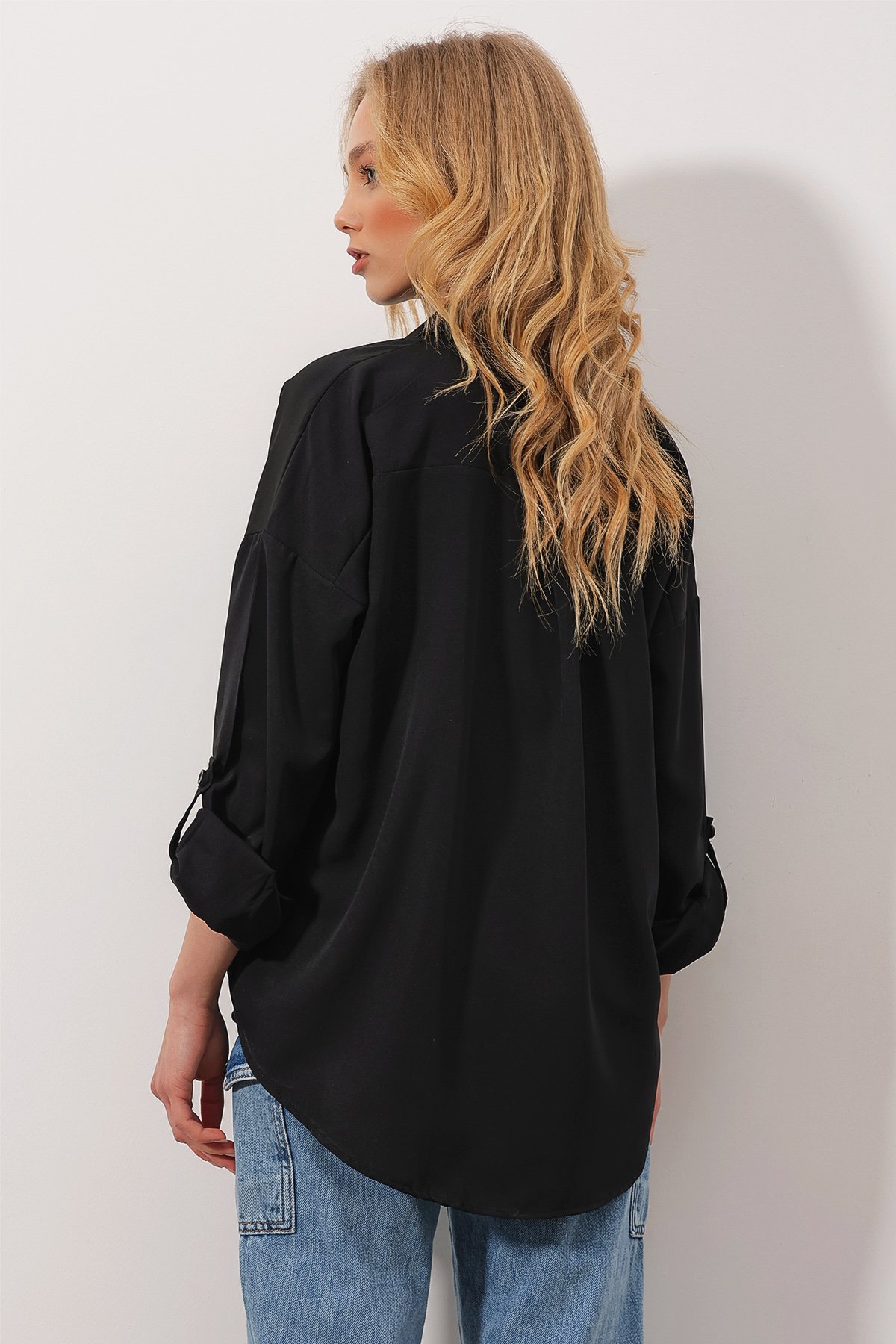 Çift Cepli Oversize Dokuma Gömlek - Siyah