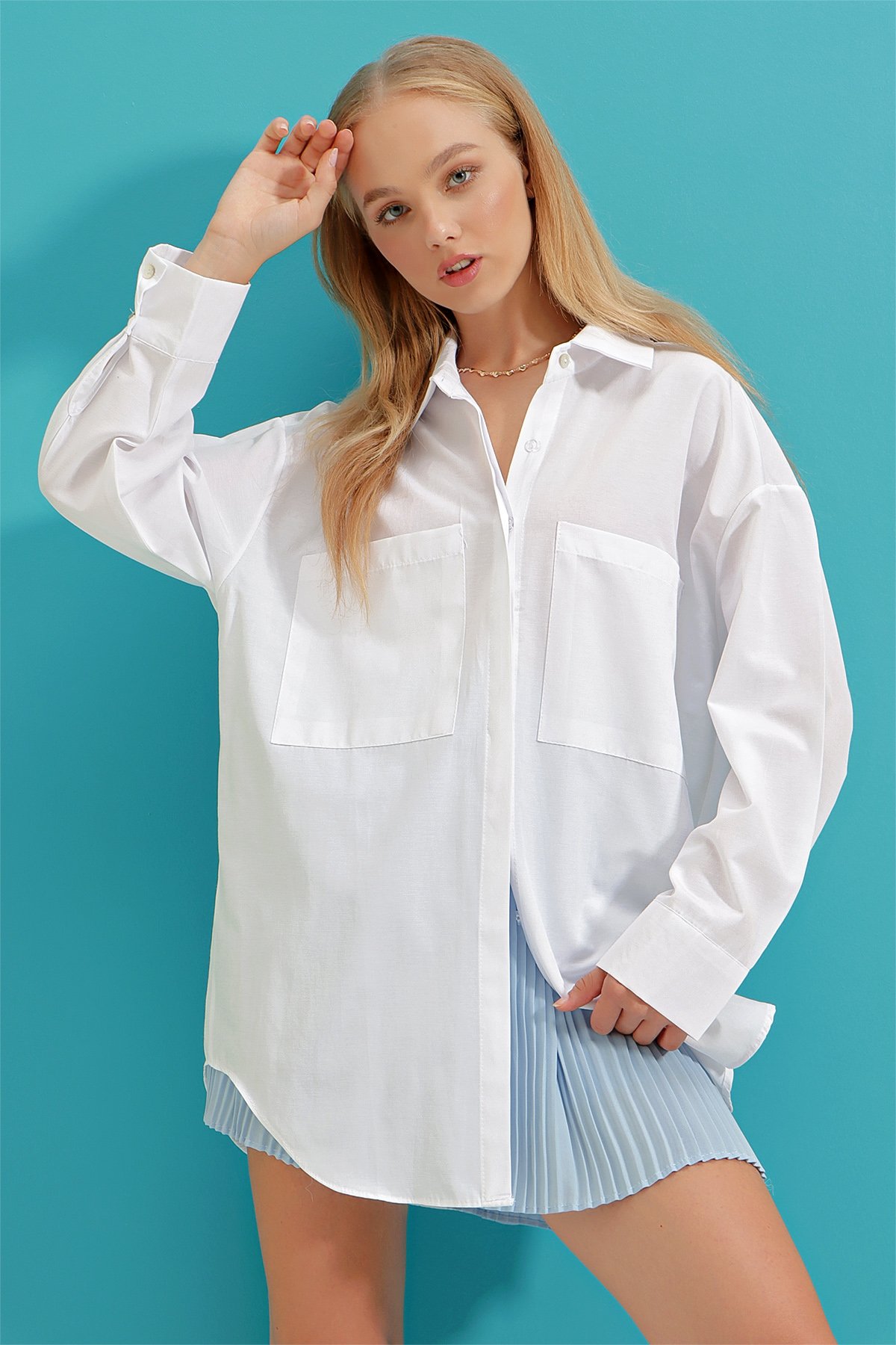 Çift Cepli Oversize Poplin Gömlek - Beyaz