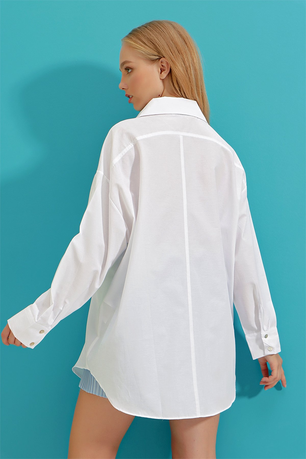 Çift Cepli Oversize Poplin Gömlek - Beyaz